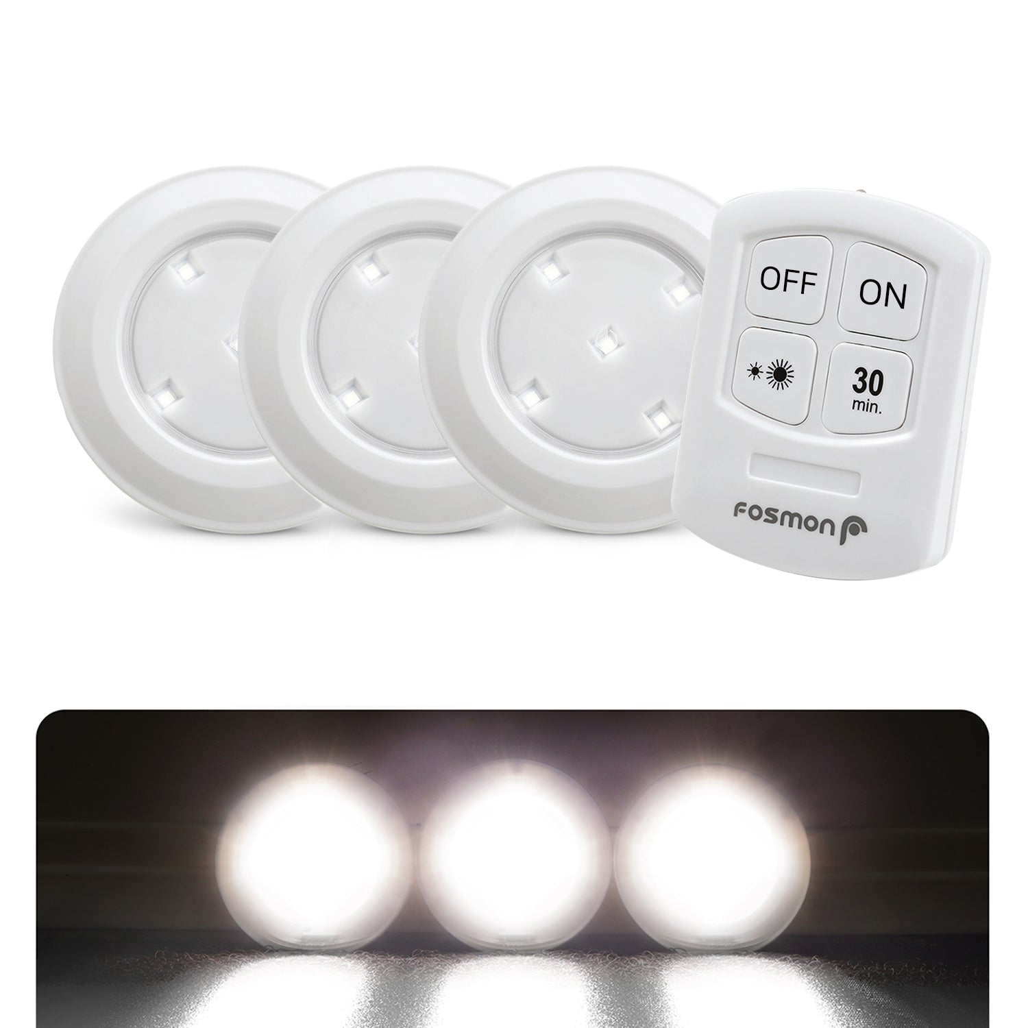 Wireless LED Puck Light 3 Pack with Remote Control, Under Cabinet Lighting [5 Daylight White LED, Wide Floodlight Tap Style, 30-Minute Timer, Battery Operated] for Kitchen Closet Pantry Counter