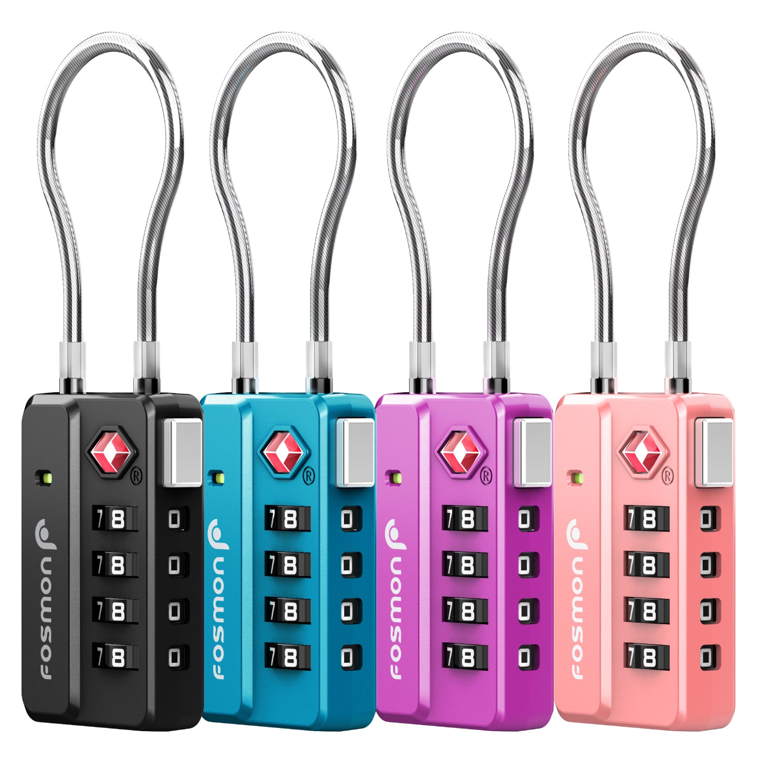 Fosmon TSA Accepted 4 Digit Combination Cable Luggage Lock - Black, Blue, Purple and Pink (Metallic) - 4 Pack