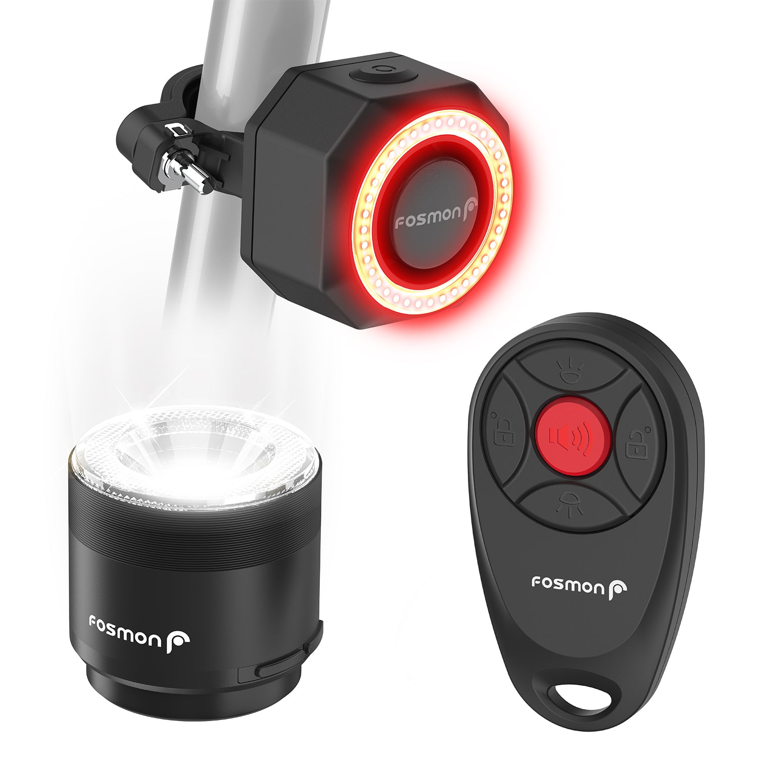 Fosmon Anti-Theft Round Bike Taillight & Headlight w/ Remote Control - Black