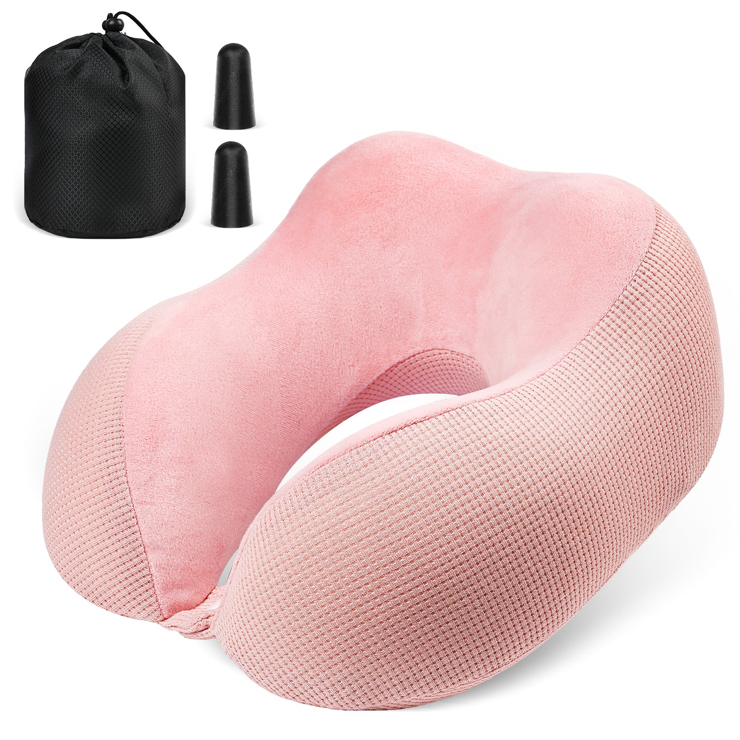 Fosmon Neck Pillow for Travel Pillow, Memory Foam Travel Neck Pillow for Plane Car, Foldable Airplane Pillow with Washable Cover & Ear Plugs, Pink