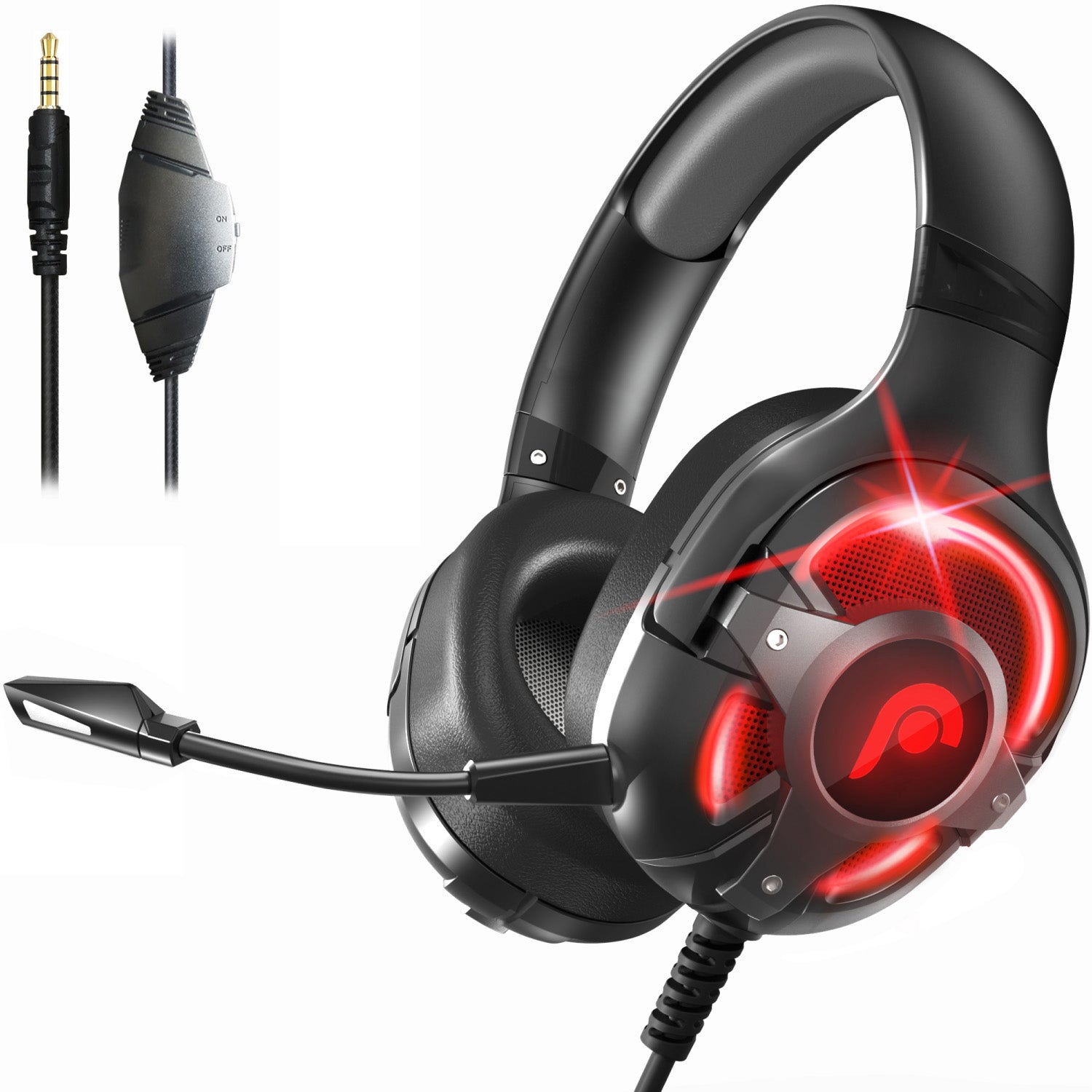 Gaming 3.5mm+USB LED Stereo Headset with Microphone and Audio Controls Black w/ Red LED
