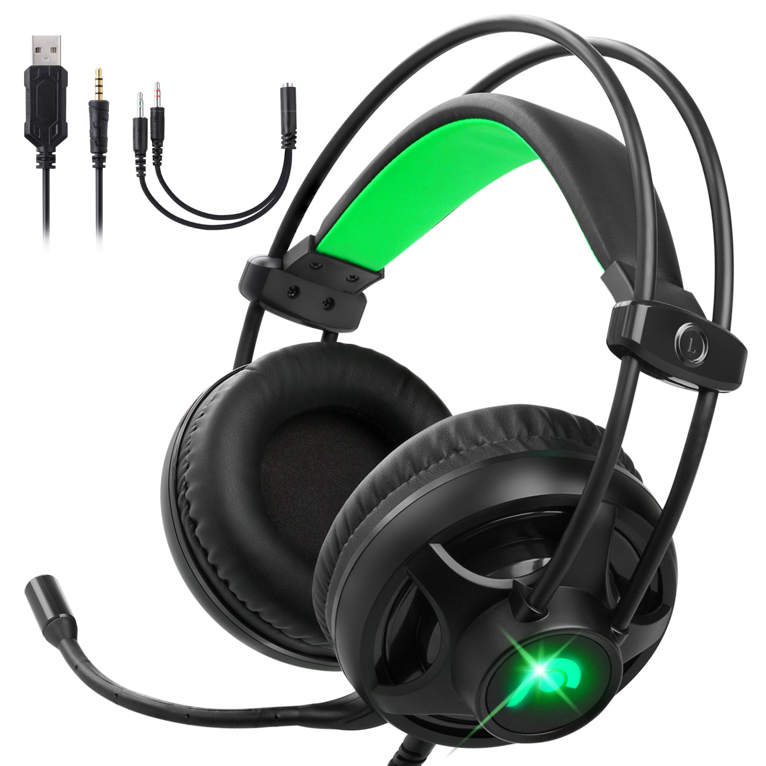 Gaming 3.5mm+USB LED Stereo Headset with Microphone and Volume Control – Black w/ Green LED