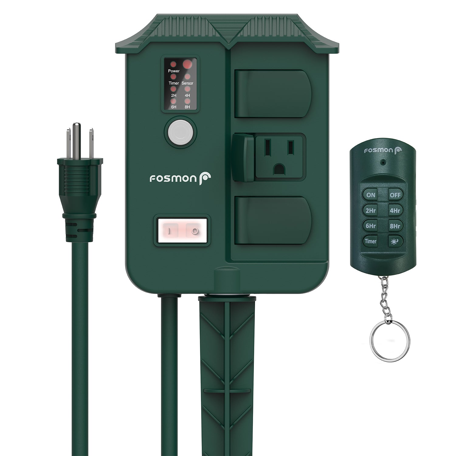 Fosmon [UL Listed] 125V/15A/60Hz Outdoor 6-Grounded Weatherproof Stake Timer w/ Remote - Green
