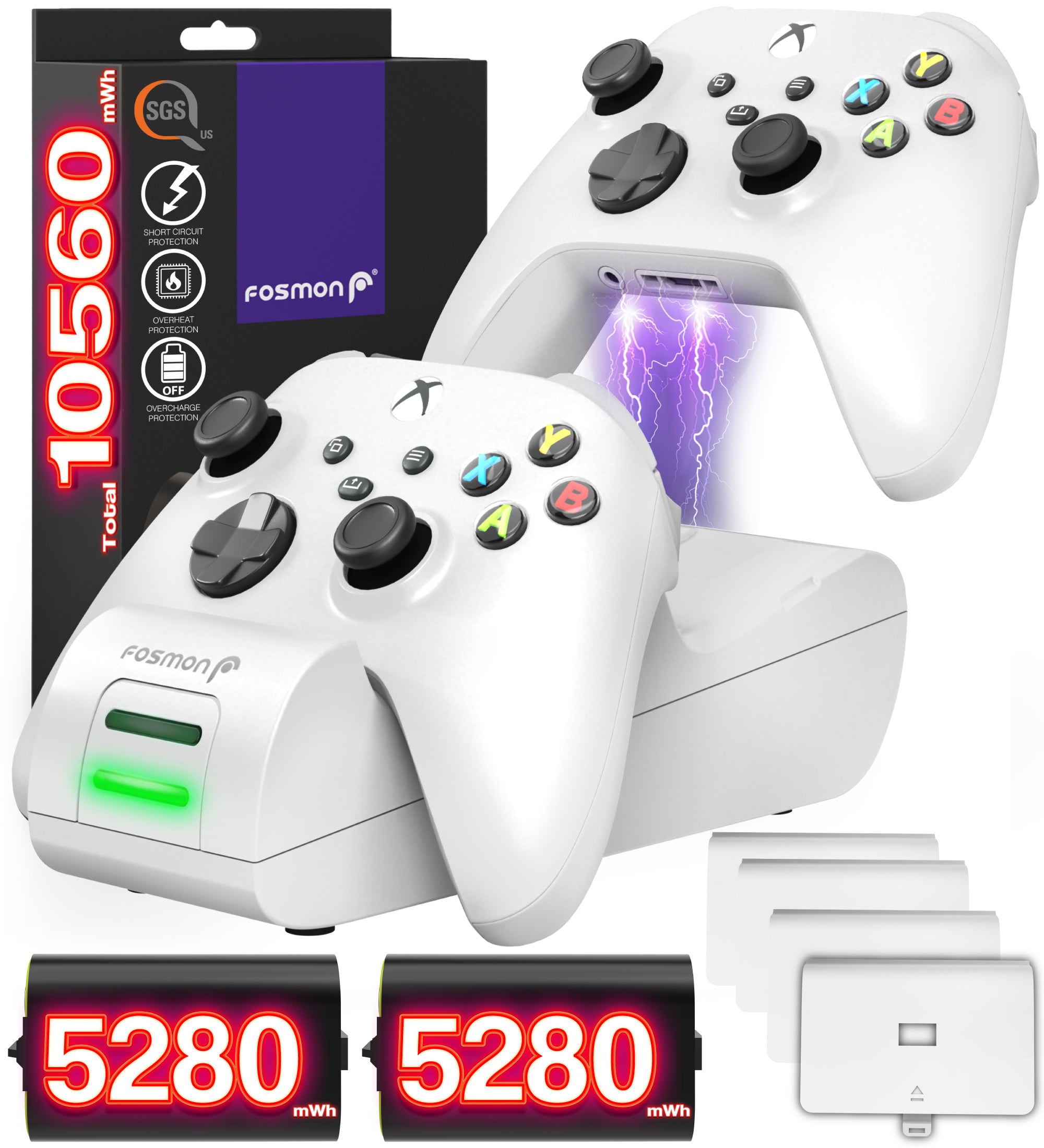 Fosmon DUAL 2 MAX Charger Compatible With Xbox Series X/S, Xbox One/One X/One S Elite Controllers, High Speed Docking Charging Station Kit with 2x 5280mWh (2200mAh) Rechargeable Battery Packs - White