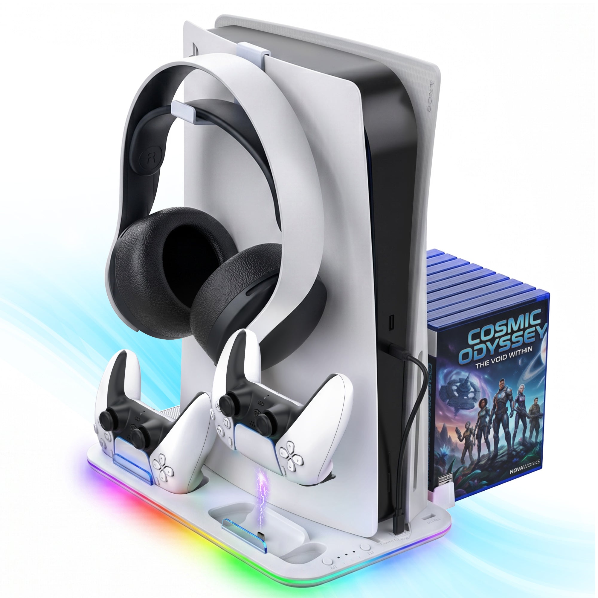 Fosmon PS5 Cooling Station, Vertical Stand with RGB Light LED Controller Charger Headset Hook & 15 Game Slots