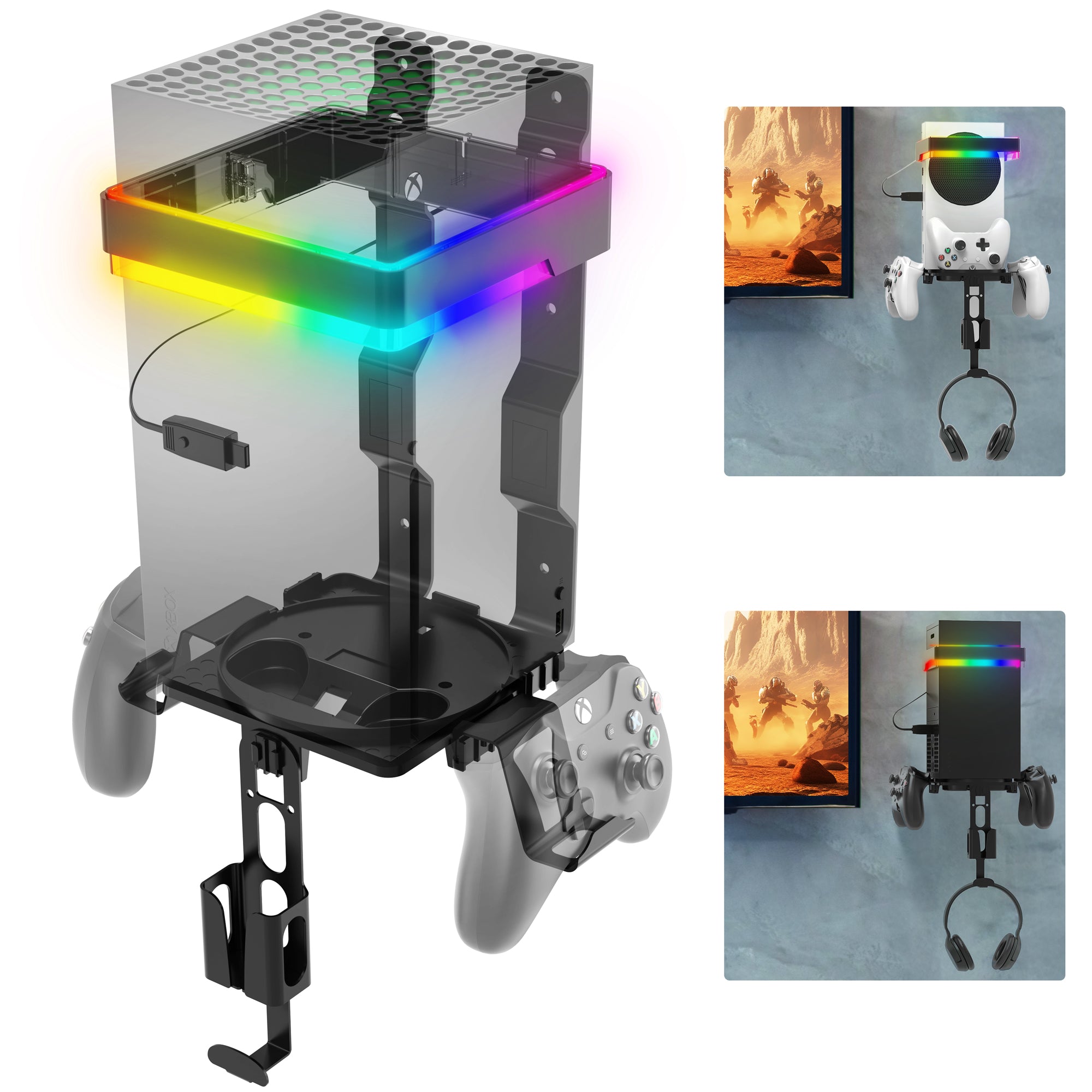 Fosmon Wall Mount for Xbox Series X/S with RGB Light, Detachable Dual Controller Holder and Headphone Hanger, Mounted Shelf Kit Stand for Series X | S Console Accessories [video game]