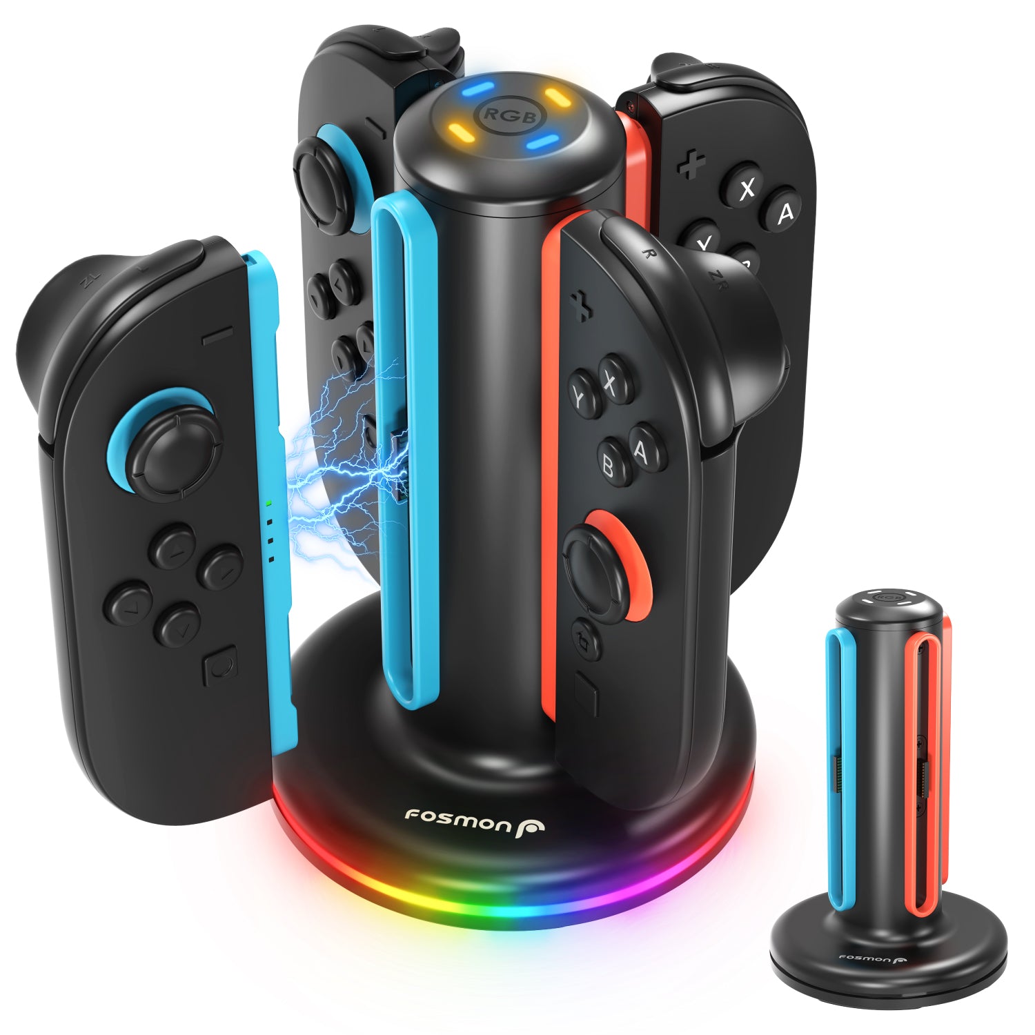 Fosmon 4-in-1 Charging Dock for Nintendo Switch 2 Joy-Con Controller with RGB Lights & LED Indicator - Black