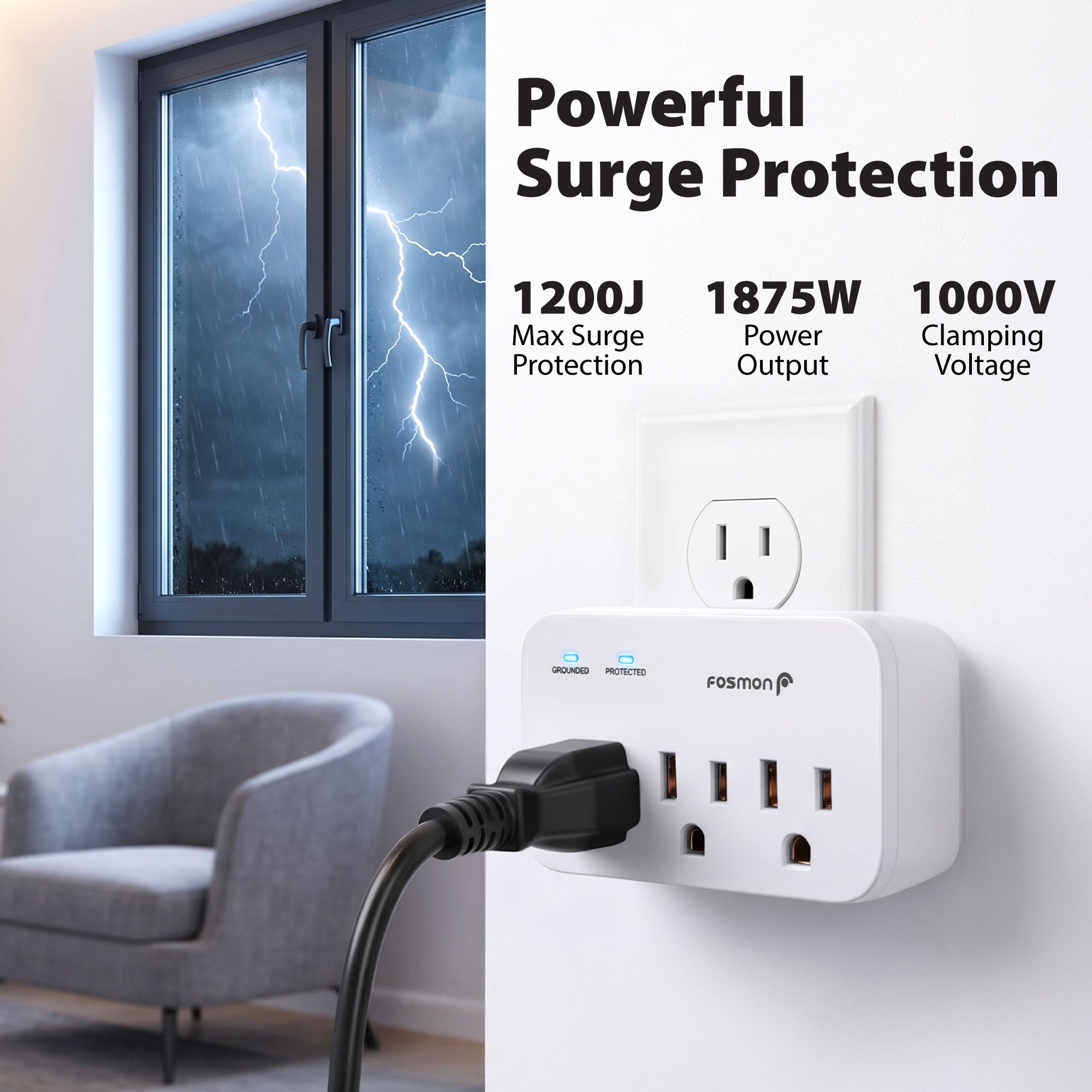 Fosmon Refrigerator Surge Protector, 3 Outlet Heavy Duty Appliance Surge Protector with High Joules for Fridge, Microwave, Washing Machine, Garage Door, 1200J, 1875 Watts, 3 Prong, ETL Listed- 2 Pack