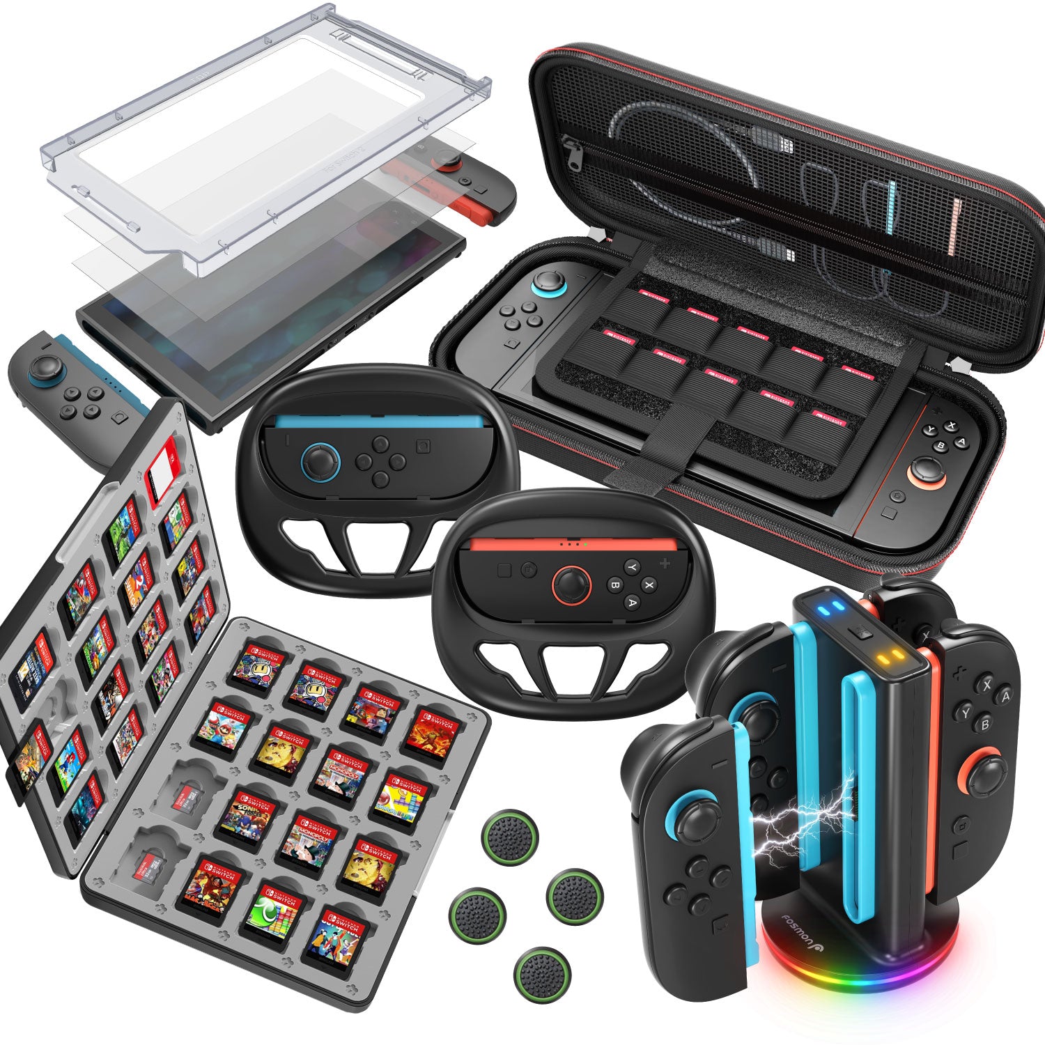 Fosmon For Nintendo Switch 2 Starter Kit – Carrying Case, Screen Protector, Game Card Case, Charging Dock, Racing Wheel & Accessories