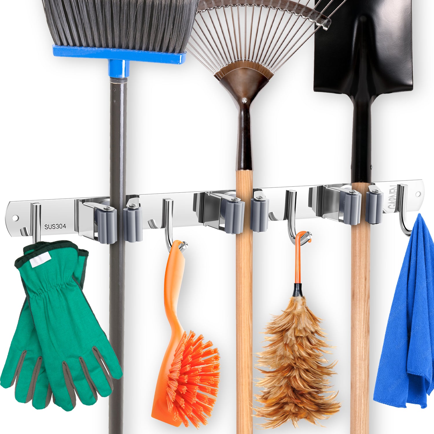 Garnen Mop and Broom Organizer Wall Mount Holder (3 Racks+ 4 Hooks) Silver Stainless Steel