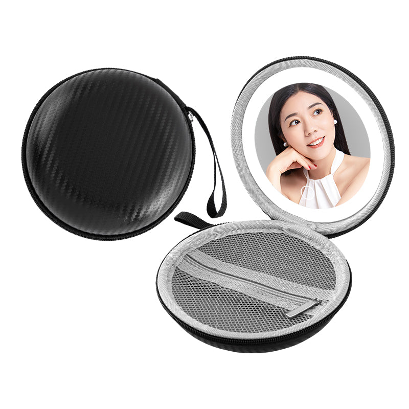 Garnen Portable LED Lighted Round Mirror with Soft Case -Black