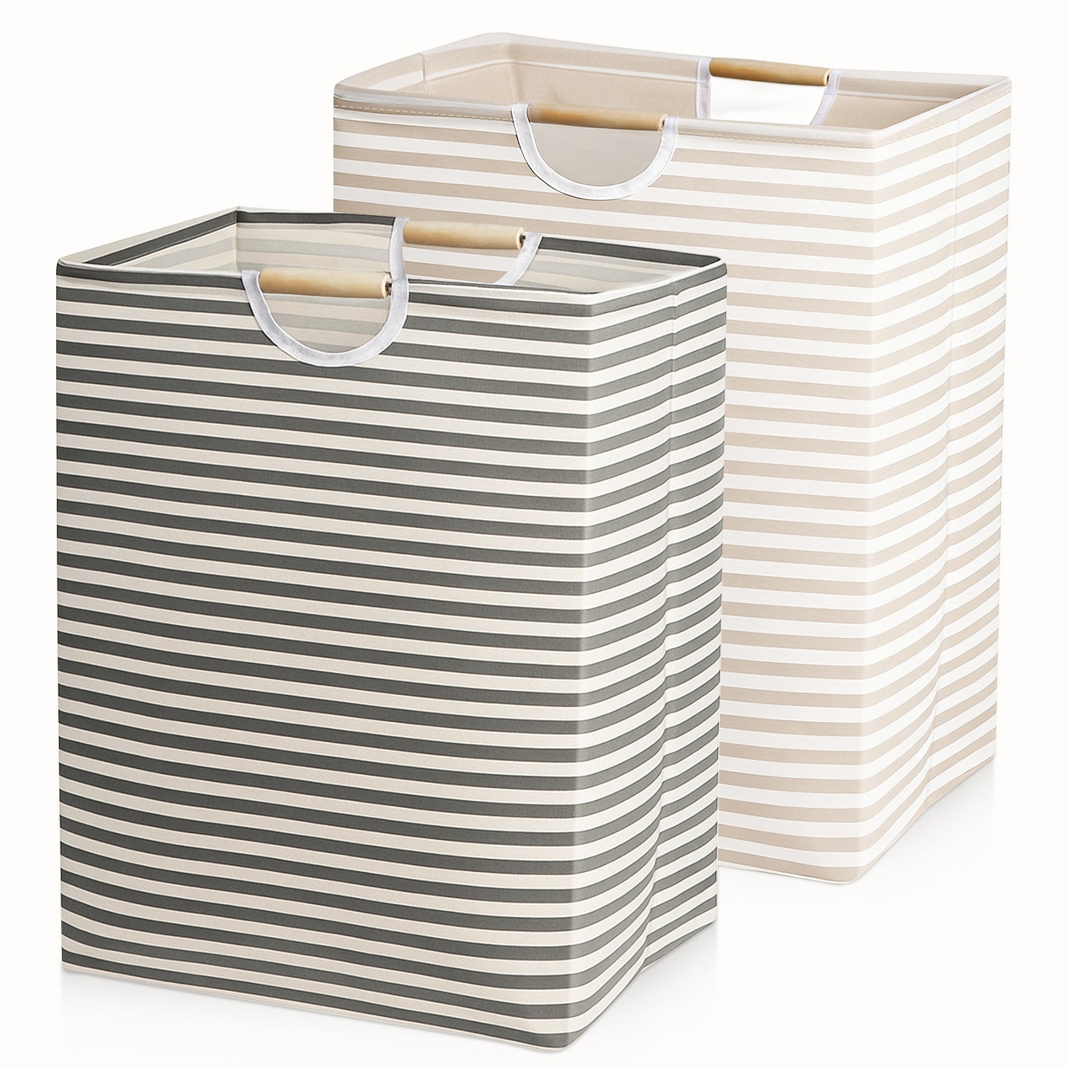 Garnen [2 Pack] Foldable Laundry Hamper Home Organization Bag with Wooden Handles - Gray and Beige