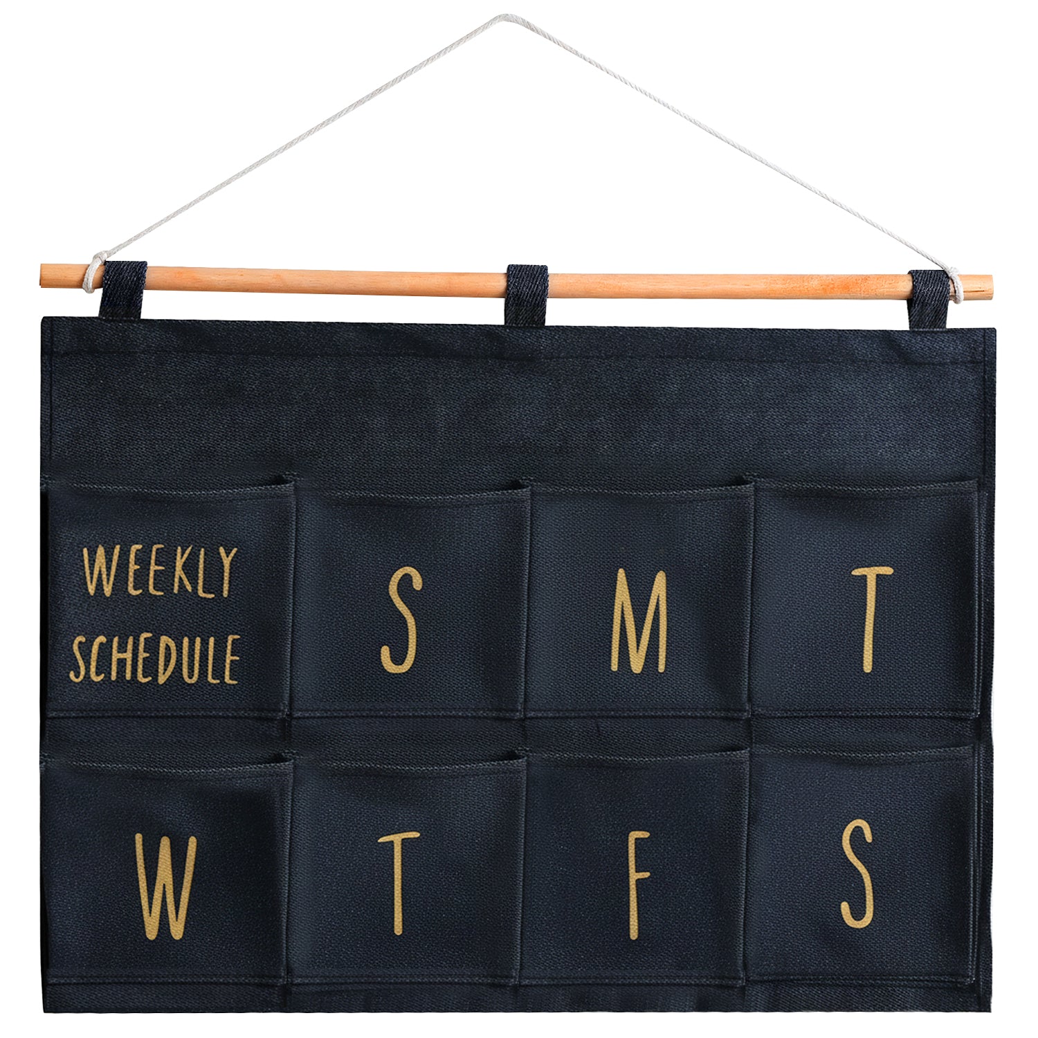 Garnen Weekly Schedule Wall Organizer, 8-Pocket Fabric Hanging Planner, Dark Gray with Gold Text, Wooden Rod