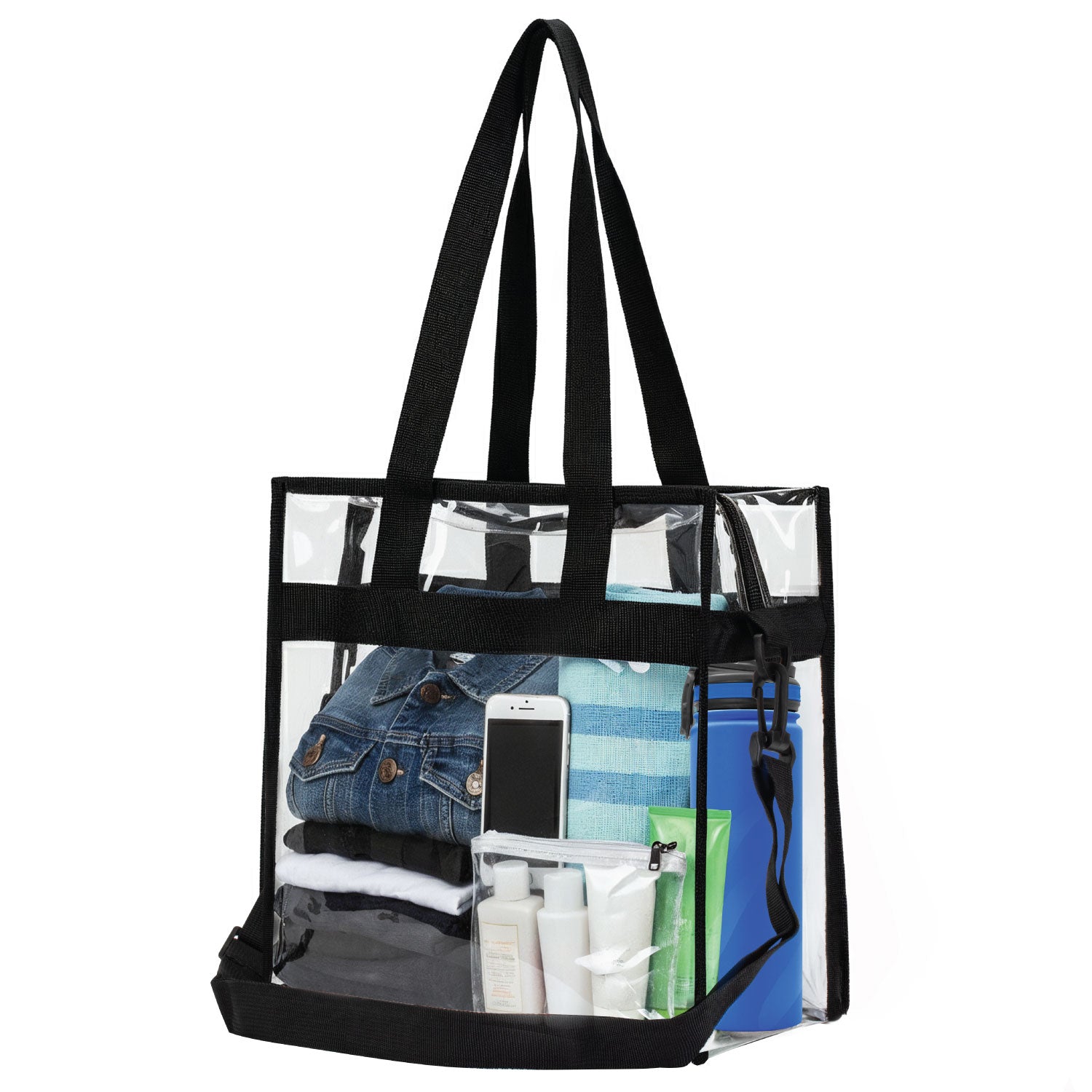 Garnen Clear Tote Bag Shoulder or Crossbody with Zipper 12x6x12, Clear See Through for Travel and Stadium Approved