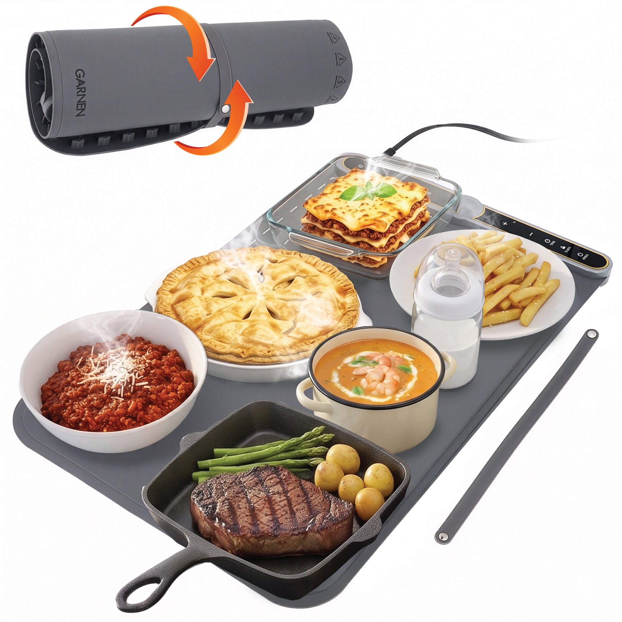 Garnen Warming Mat for Food, Electric Food Warming Mat, 23"x15" Silicone Food Warmer with 9 Temp Level, 8 Timer Settings, Portable Roll-Up Heating Mat