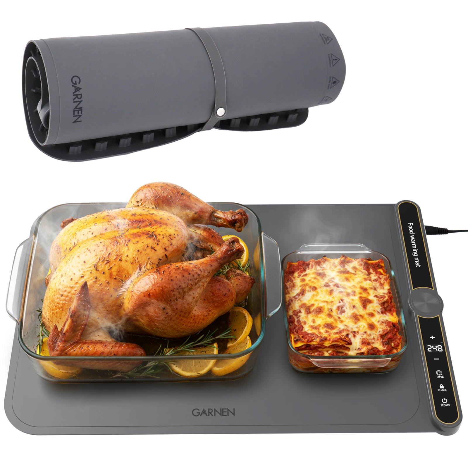 Garnen Warming Mat for Food, Electric Food Warming Mat, 23"x15" Silicone Food Warmer with 9 Temp Level, 8 Timer Settings, Portable Roll-Up Heating Mat
