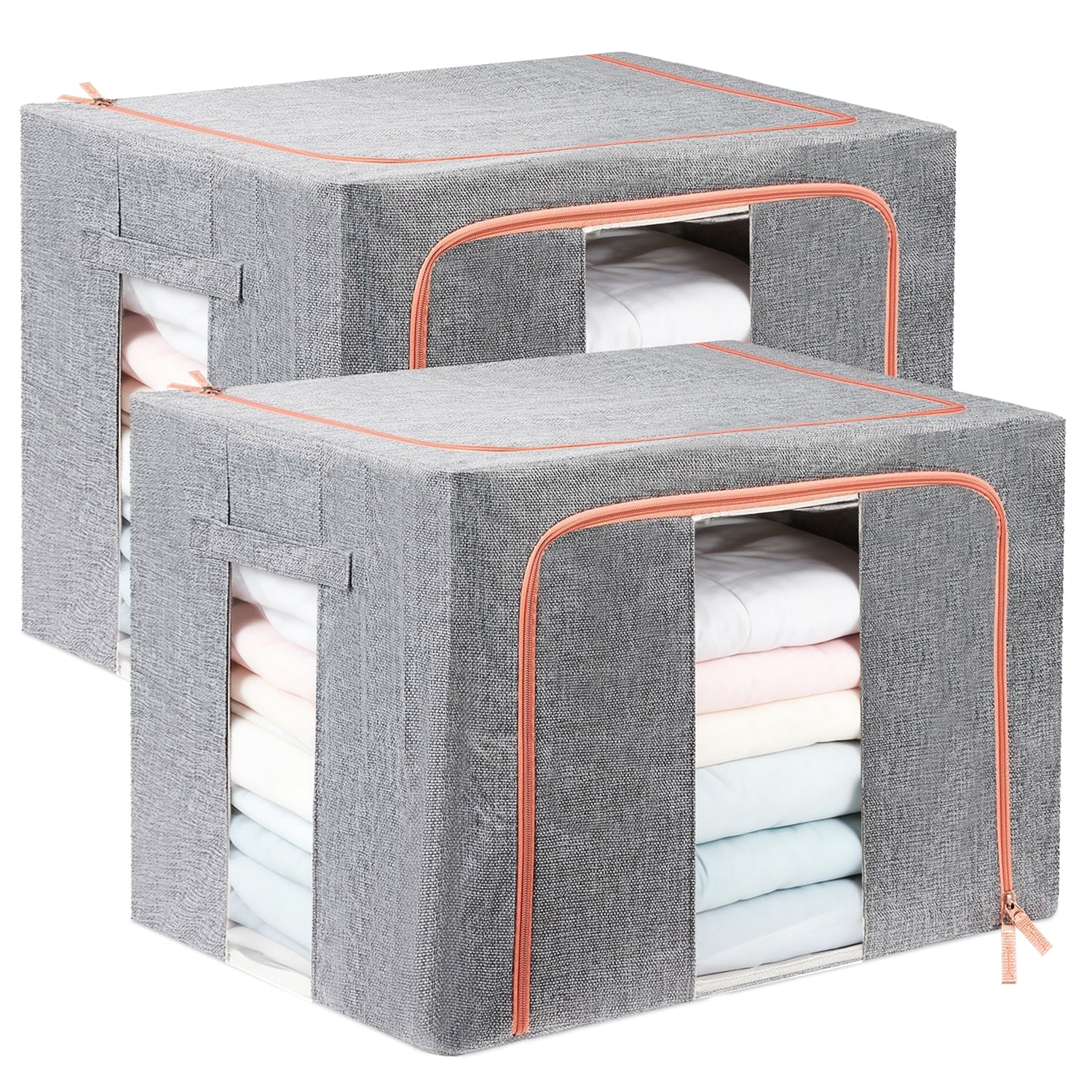Garnen 2 Pack Closet Organizers and Storage Bins with Lids Under Bed Storage Containers, 100L Cotton Linen Organization Cube Storage Bag with Clear Window