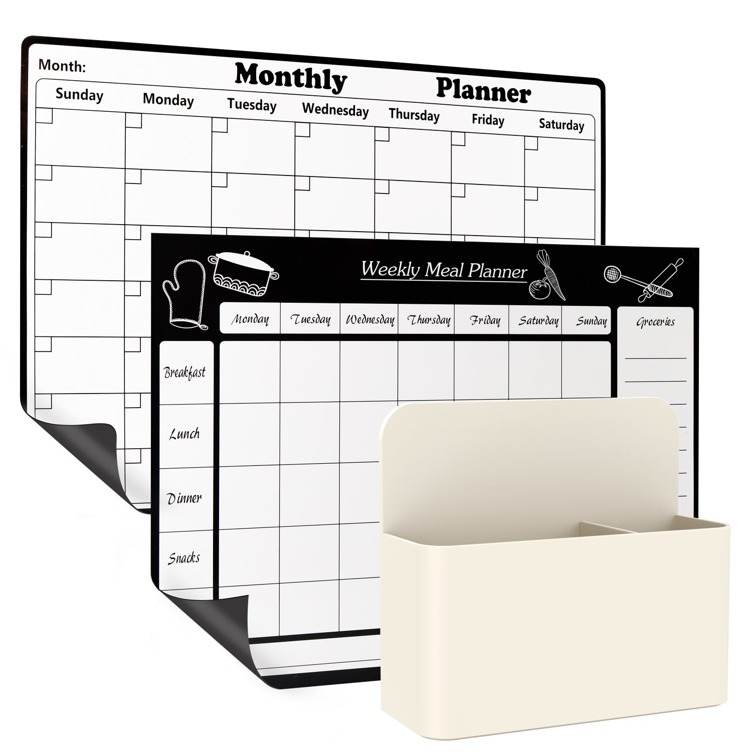 Garnen 2 Pack Dry Erase Monthly & Weekly Planner with Large Magnetic Storage Organizer, 16.9 x 13" Reusable Boards, White