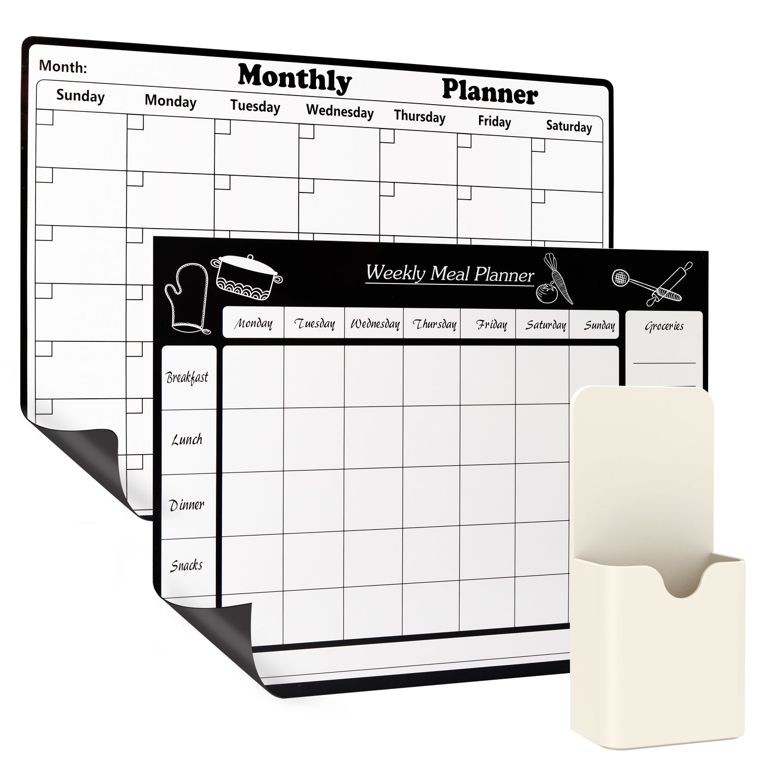 Garnen 2 Pack Dry Erase Monthly & Weekly Planner with Small Magnetic Storage Organizer, 16.9 x 13" Reusable Boards, White