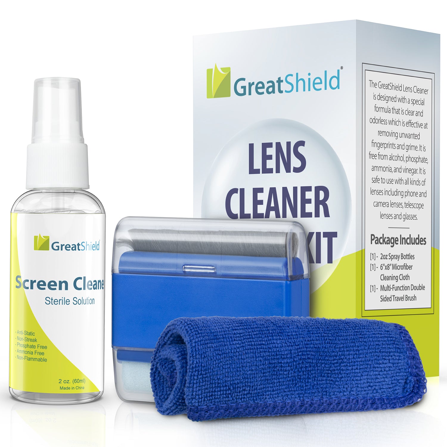 GreatShield Screen Cleaning Kit - 15x20cm Microfiber Cloth, 2-Sided Cleaning Brush, & 2-Oz Solution