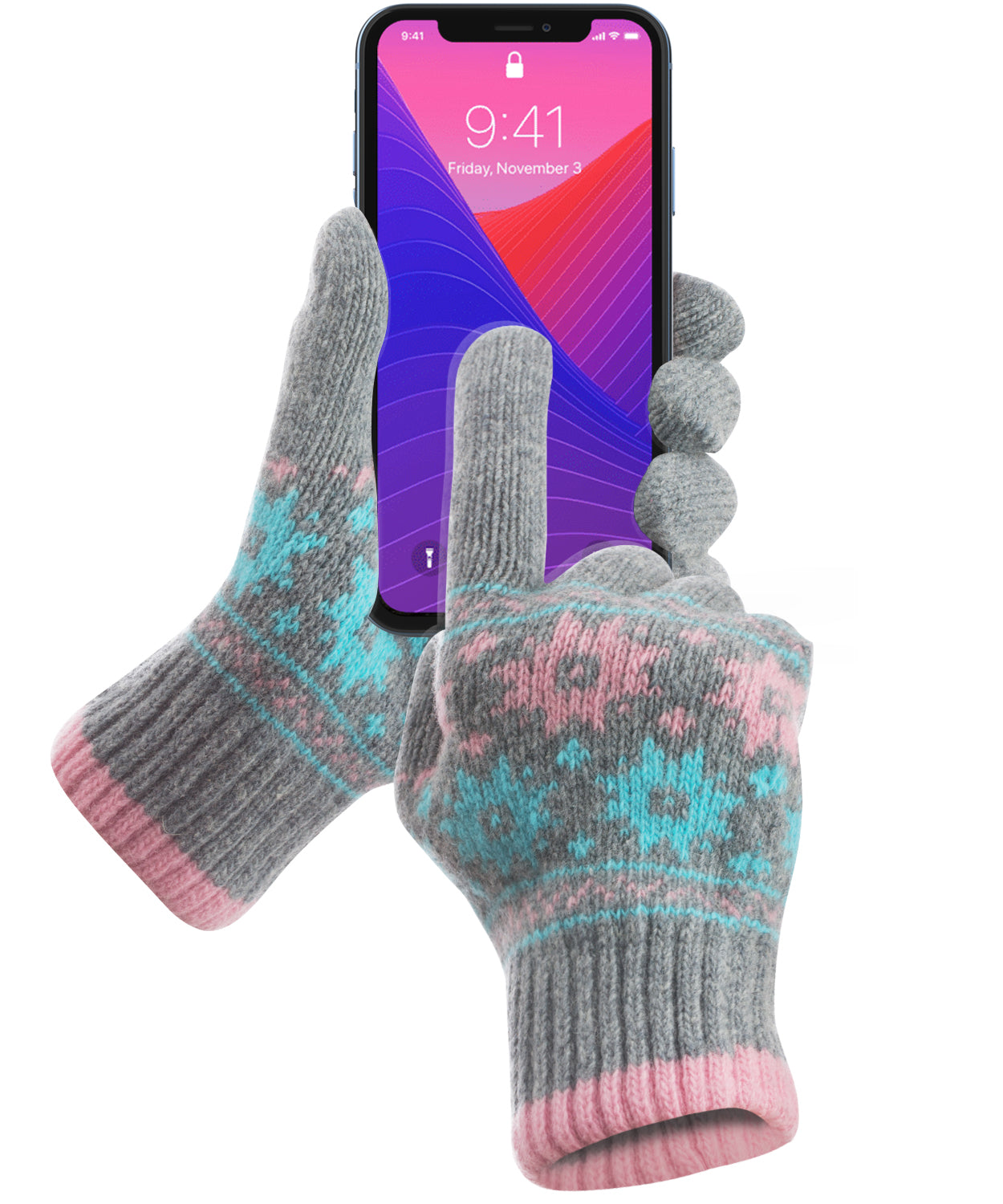 GreatShield COZY Smartphone Touch Gloves - Snowflakes Design - Gray / Pink / Blue - Handheld (5 fingertips and whole) Size: Small/Medium
