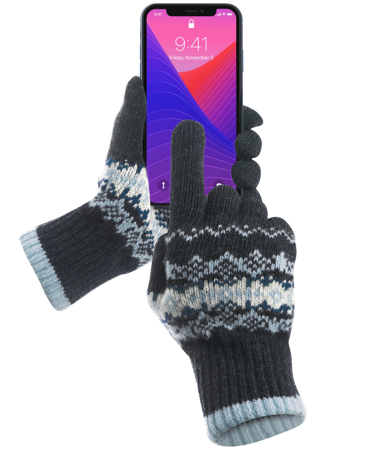 GreatShield COZY Smartphone Touch Gloves - Snowflakes Design - Dark Gray / Blue - Handheld (5 fingertips and whole) Size: L / XL