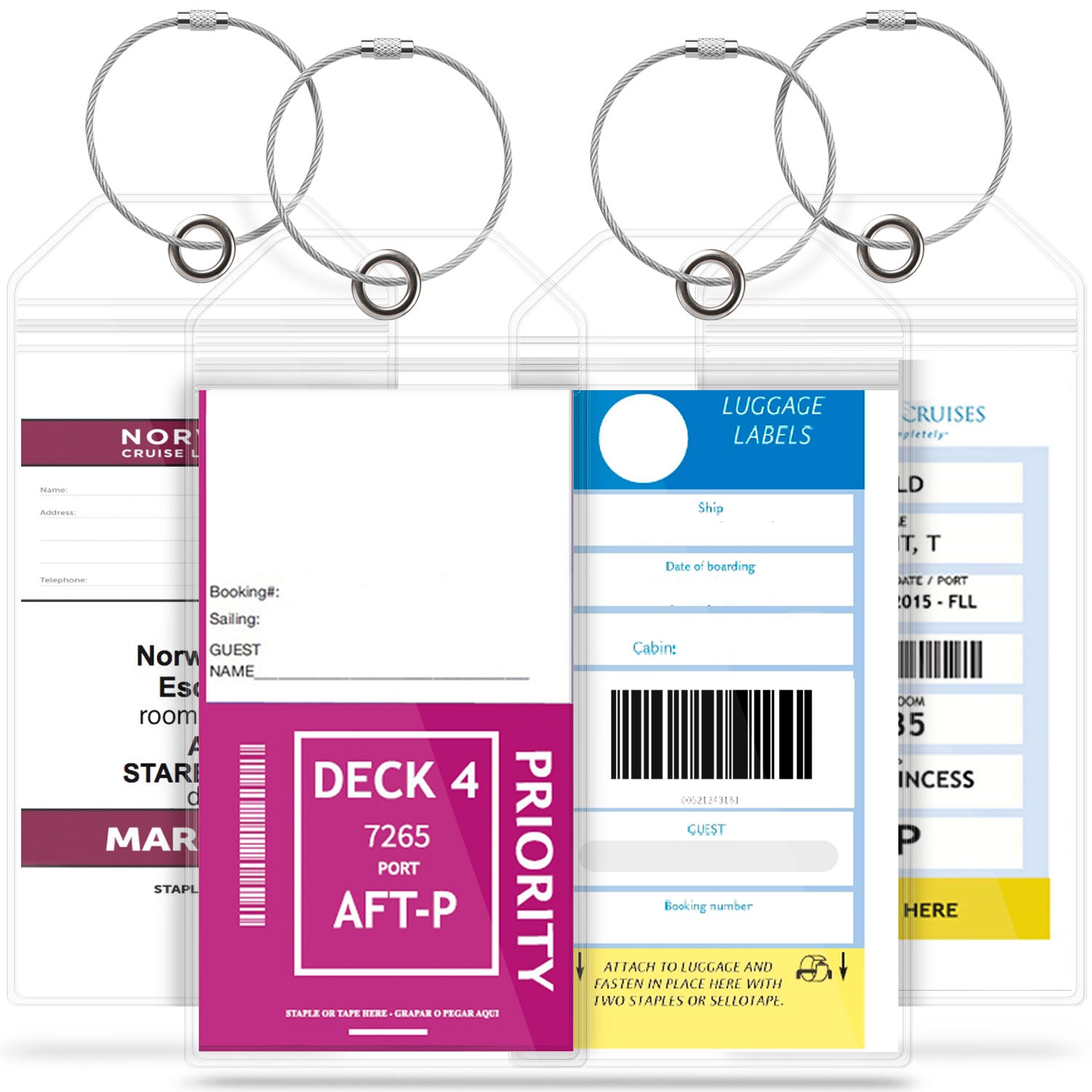 Princess, Carnival, Costa, Holland America, P&O & Norwegian Cruise Luggage Tag Holder with Zip Seal & Steel Loops - Clear - 4 Pack