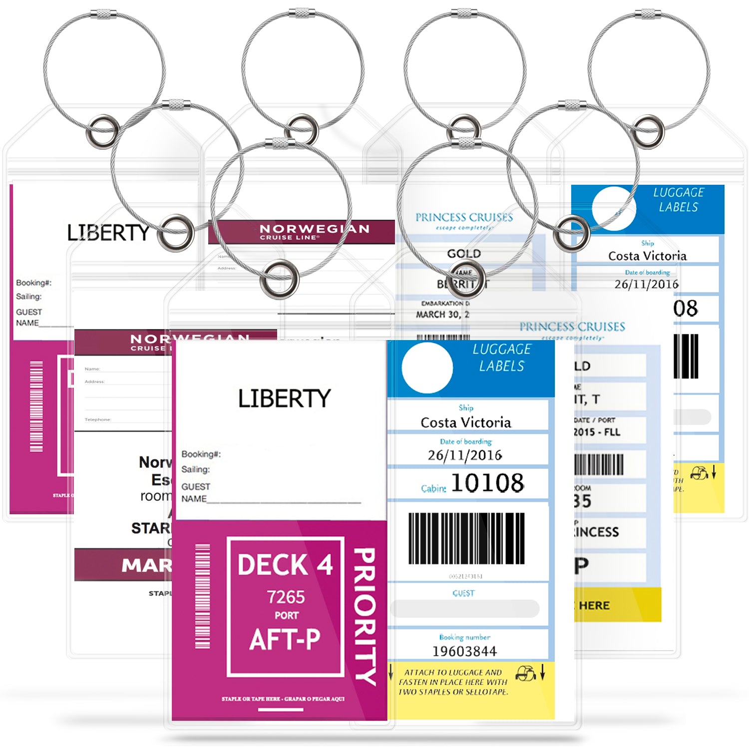 Princess, Carnival, Costa, Holland America, P&O & Norwegian Cruise Luggage Tag Holder with Zip Seal & Steel Loops - Clear - 8 Pack