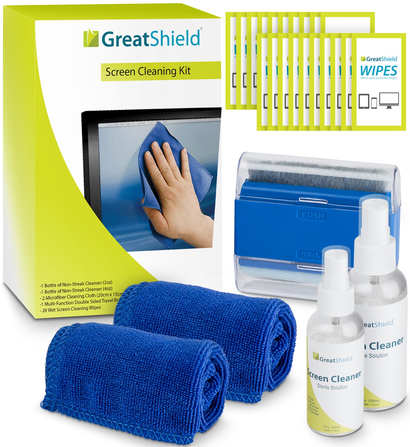 GreatShield Screen Cleaning Kit with 2 Bottle Solution (60ml and 120ml), 2 Microfiber Cloth, 20 Non-Alcohol Screen Cleaning Wipes, and Brush