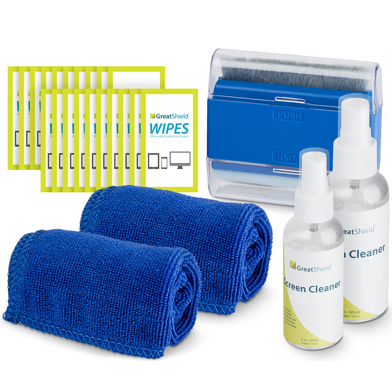 GreatShield Non-Alcoholic Screen Cleaning Kit with 2 Bottle Solution (60ml and 120ml), 2 Microfiber Cloth, 20 Non-Alcohol Screen Cleaning Wipes, and Brush