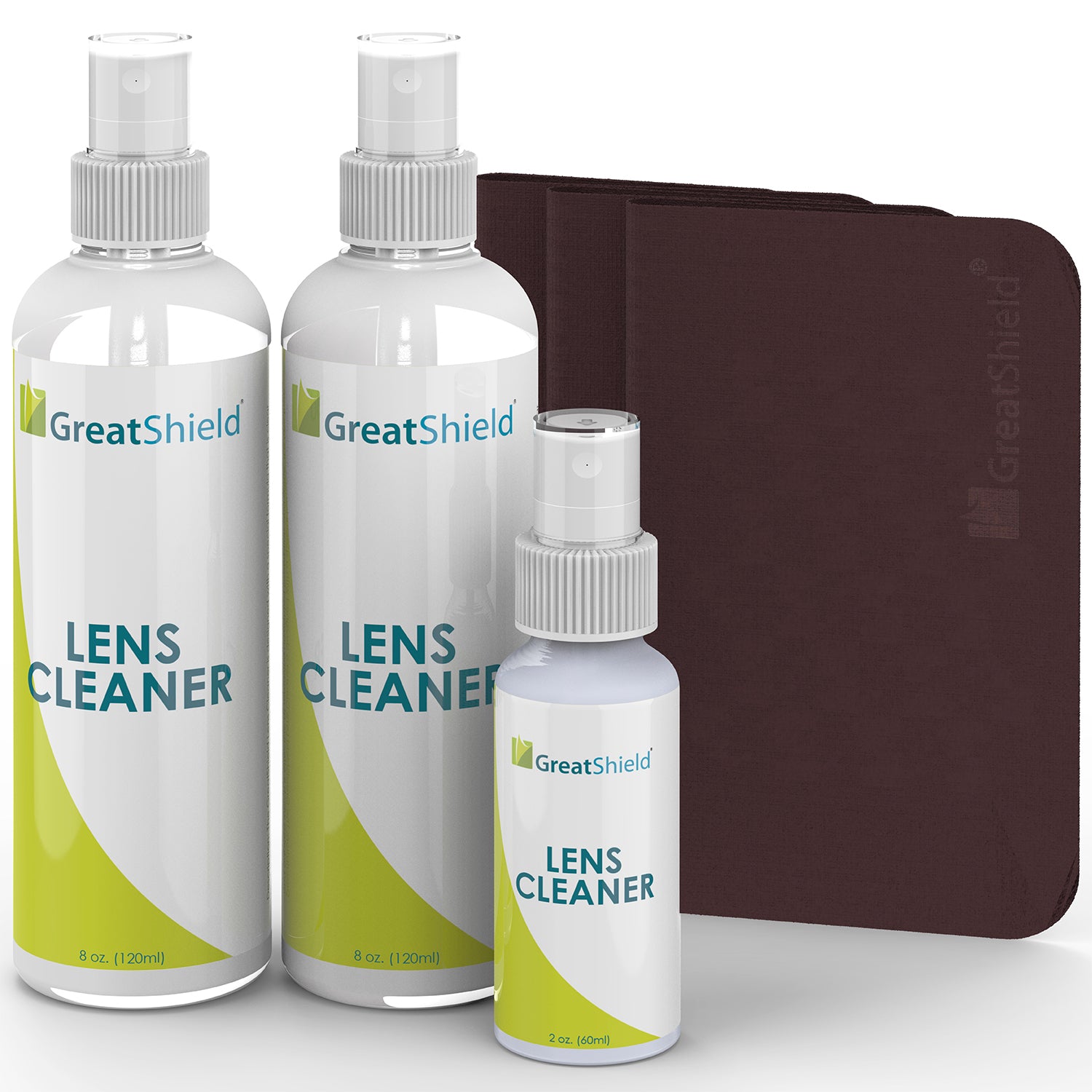 GreatShield Lens Cleaner Spray Kit - 2 X 8oz Spray Bottle + 2oz Spray Bottle + 3 X (6" x 7") Microfiber Cloths