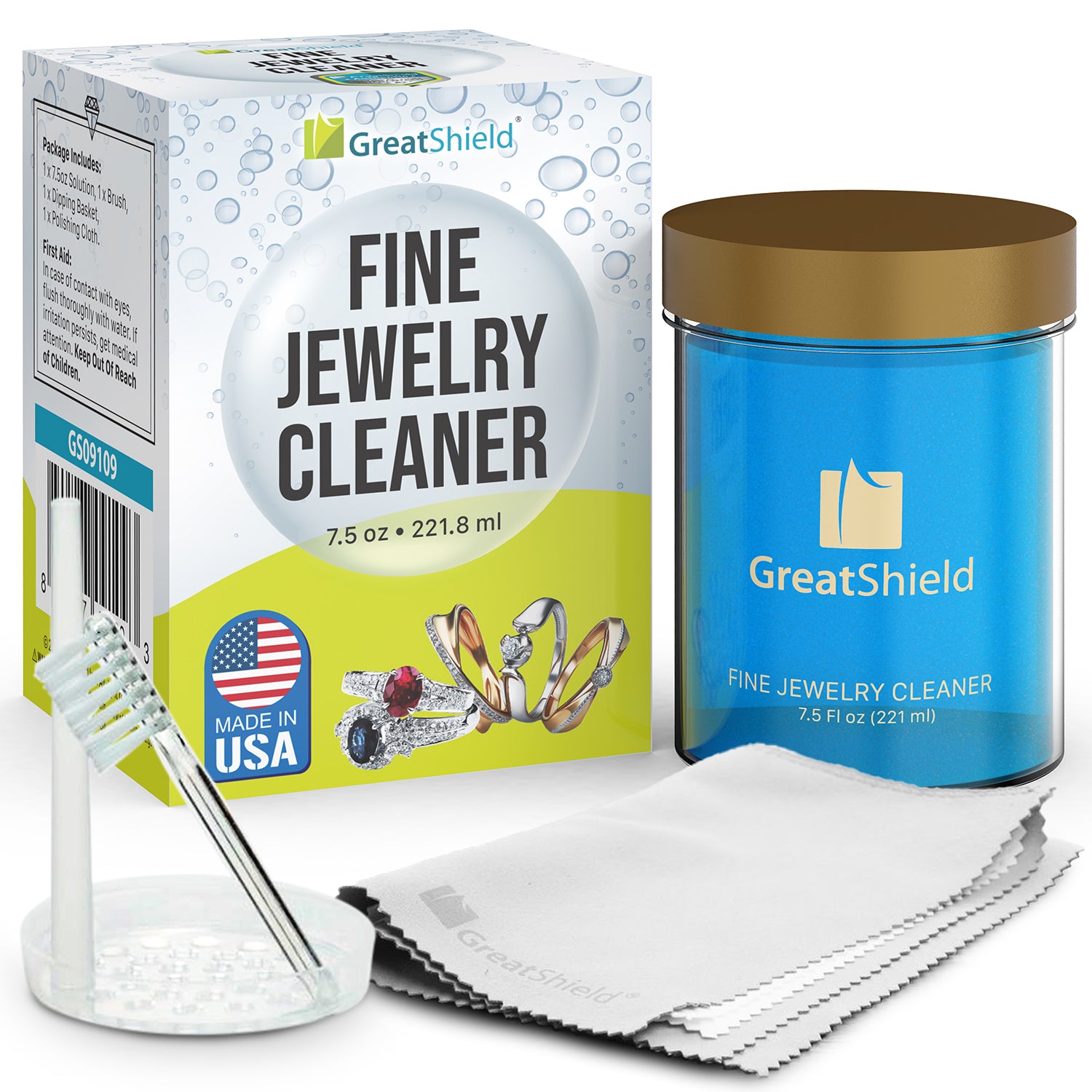 GreatShield Fine Jewelry Cleaner Solution Kit With Cleaning Brush, Polishing Microfiber Cloths and Basket,  Suitable For Gold, Platinum, Titanium, Diamond, Crystal, Bracelet, Rings, Necklace, Earrings