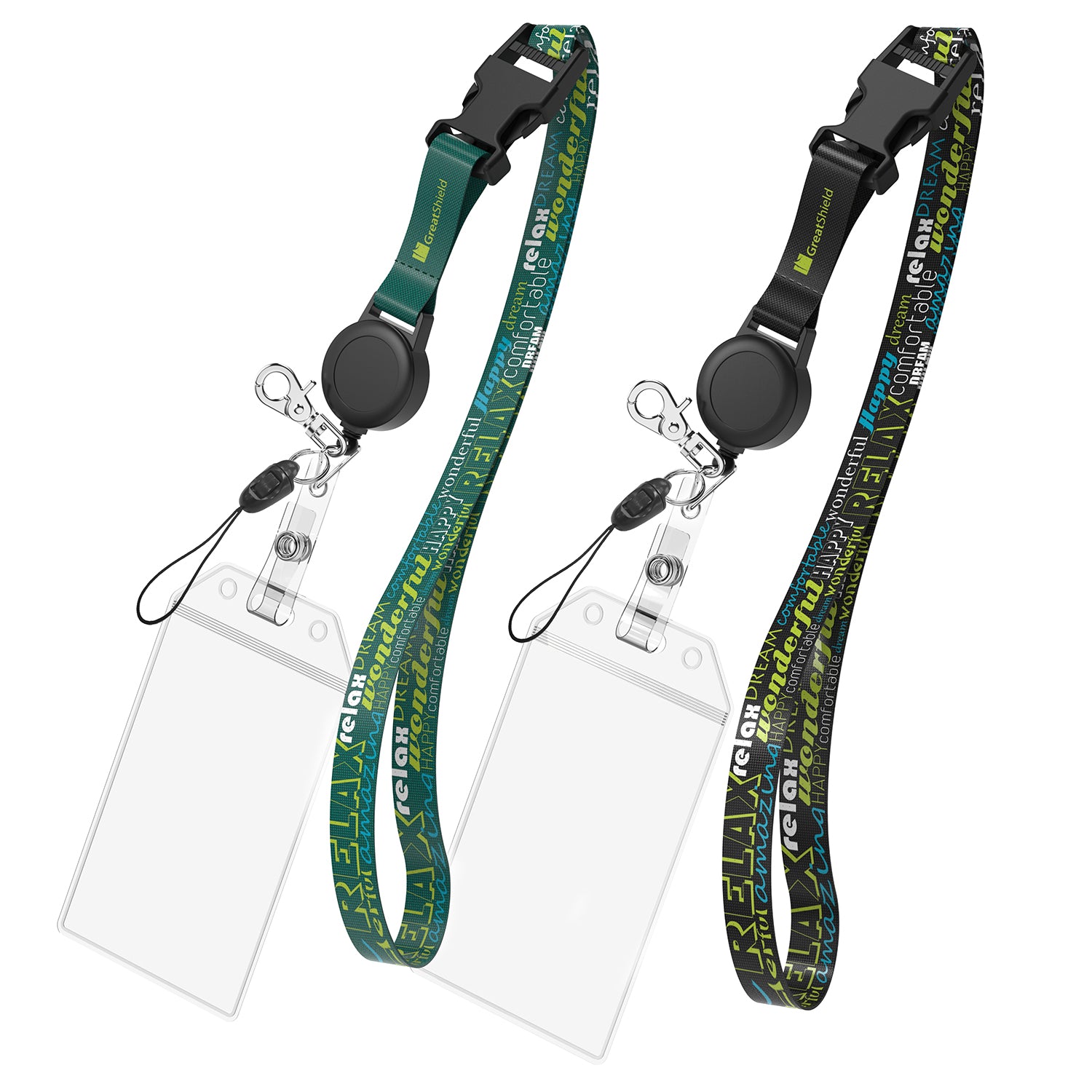 Greatshield Lanyard with Retractable Badge Reel & Badge Holder - Blue (LM1) + Black (LM1)
