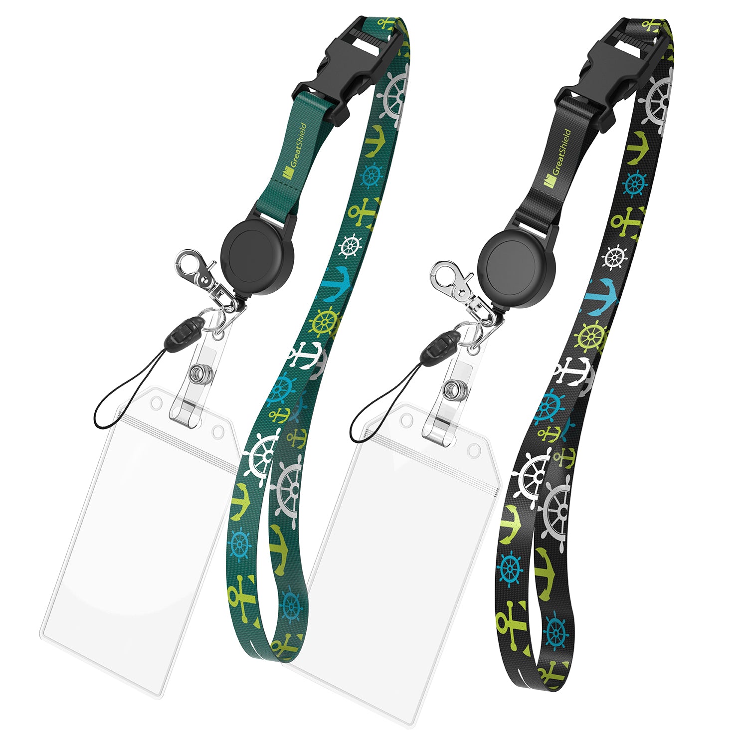 Greatshield Lanyard with Retractable Badge Reel & Badge Holder - Black (CM1) + Blue (CM1)