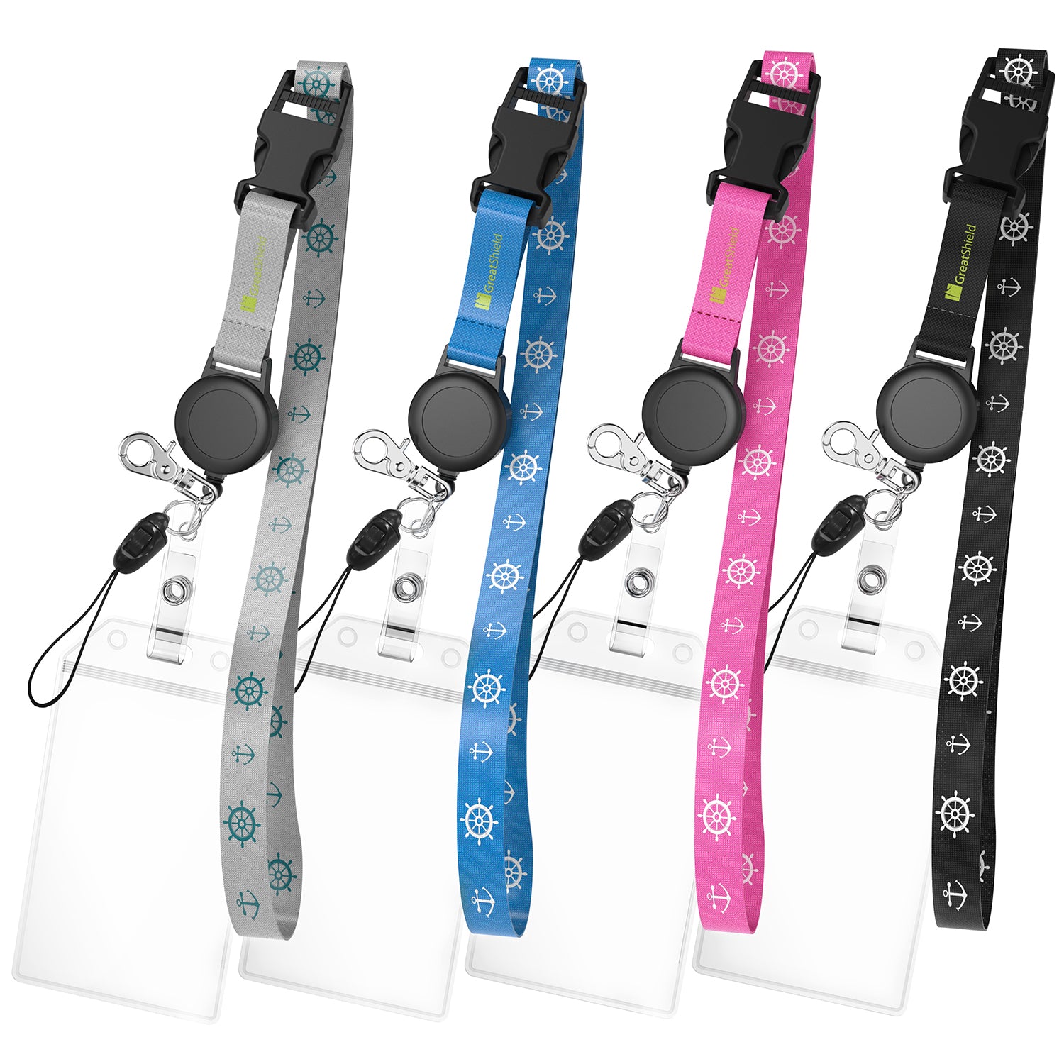 Greatshield Lanyard with Retractable Badge Reel & Badge Holder - Black (CS1) + Pink (CS1) + Blue (CS1) + White(CS1)