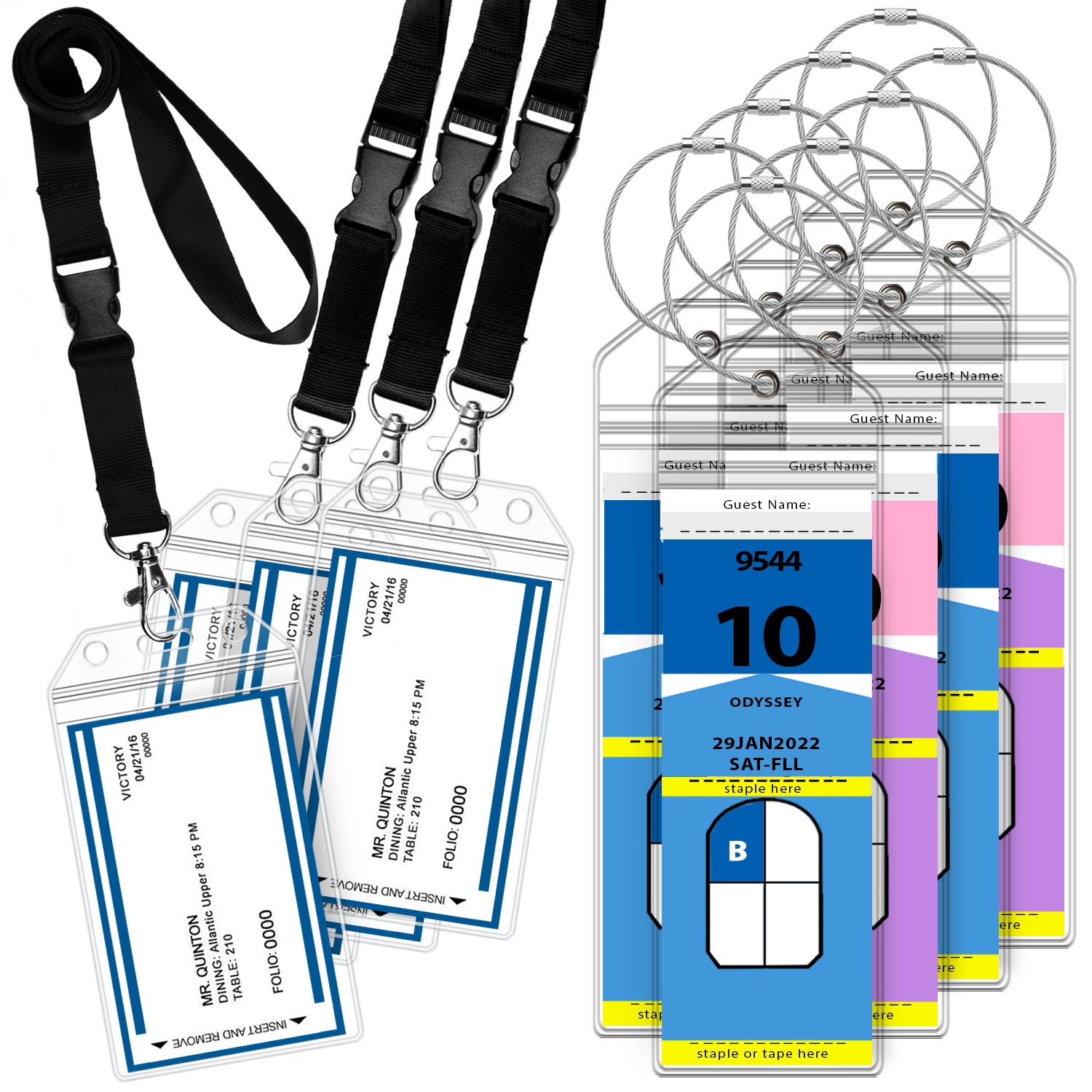 GreatShield Cruise Luggage Tag Holder w/ Zip Seal & Steel Loops for Royal Caribbean & Celebrity - Clear (8 Pack) + Greatshield Resealable Cruise ID Badge Holder with Lanyard - Black Lanyard (4 Pack)