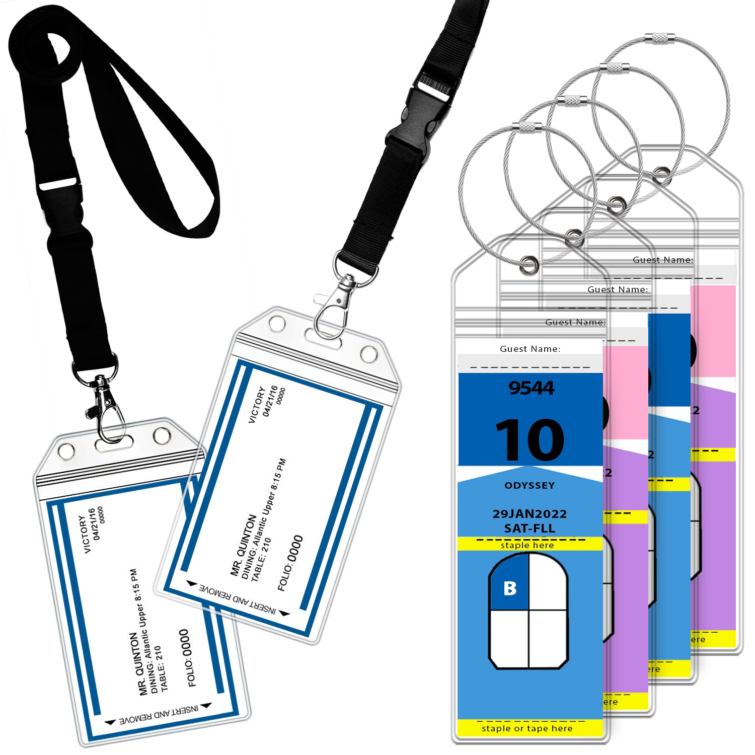 GreatShield Cruise Luggage Tag Holder w/ Zip Seal & Steel Loops for Royal Caribbean & Celebrity - Clear (4 Pack) + Greatshield Resealable Cruise ID Badge Holder with Lanyard - Black Lanyard (2 Pack)