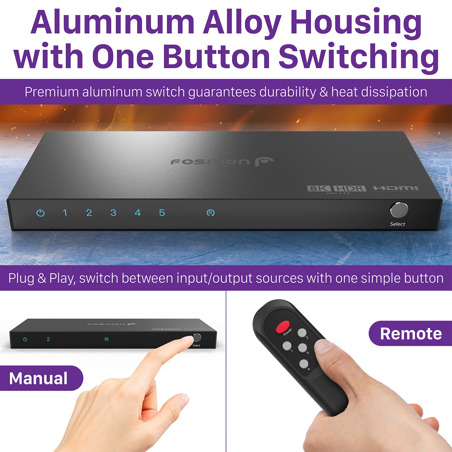 Switch HDMI 5 In 1 8K@60Hz / 4K@120Hz – Selettore 2.1 Con Telecomando IR Per PS5 Xbox E PC