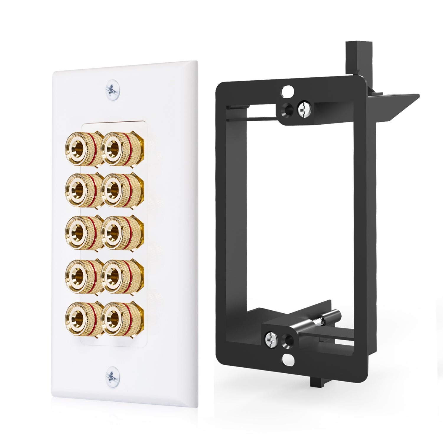 Fosmon Five Speaker Wall Plate with Bracket, Home Theater Speaker Wire Wall Plate, Gold Plated Copper Banana Binding Post Coupler Audio Wall Plate