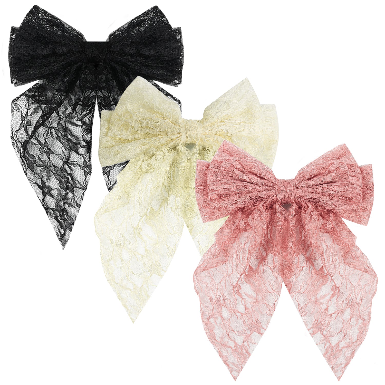 Mber [3 Pack] Decorative Lace Hair Tie Bows - Pink, Cream, Black