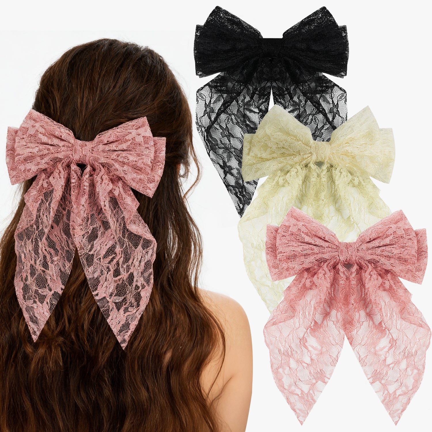 Mber [3 Pack] Decorative Lace Hair Tie Bows - Pink, Cream, Black