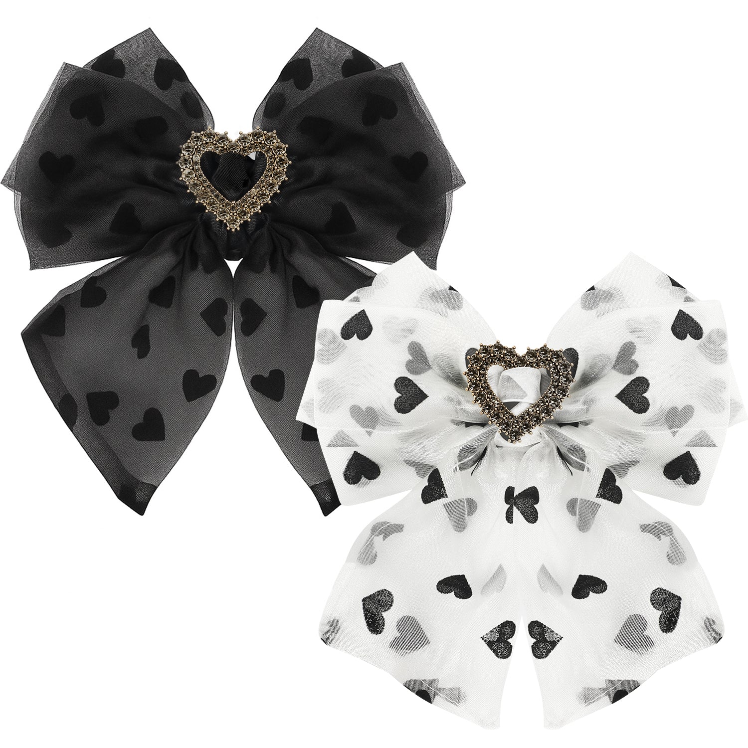 Mber [2 Pack] Large Heart Pattern Hair Bow Tie with Rhinestone Center - White and Black