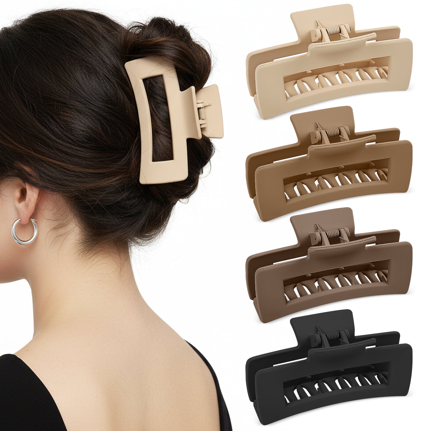 Mber 4-Pack Large Curved Hair Claw Clips, Strong Hold Matte Neutral & Tortoise Tones