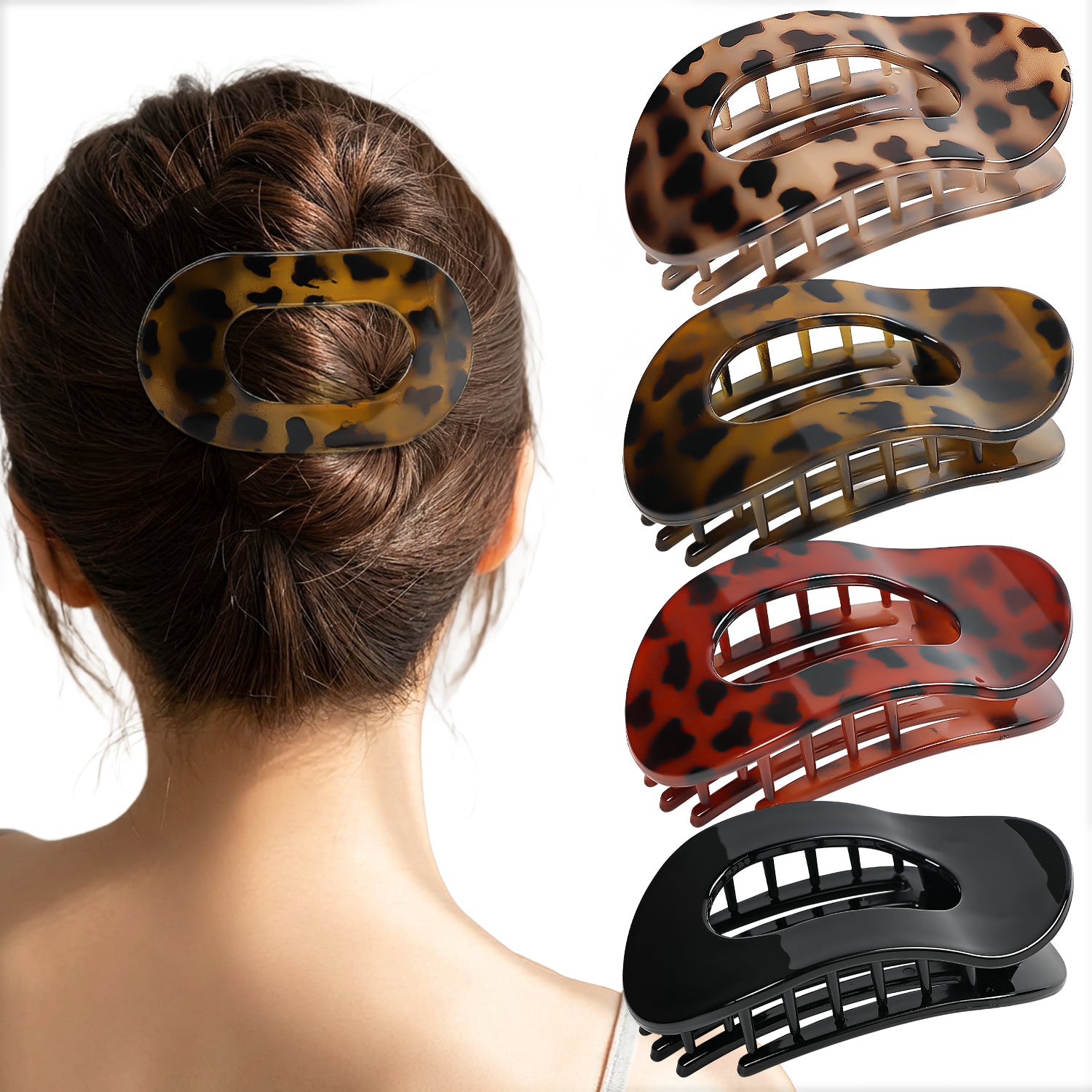 Mber 4-Pack Flat Hair Claw Clips, Curved Non-Slip Large Grip Design, Black & Tortoise Brown