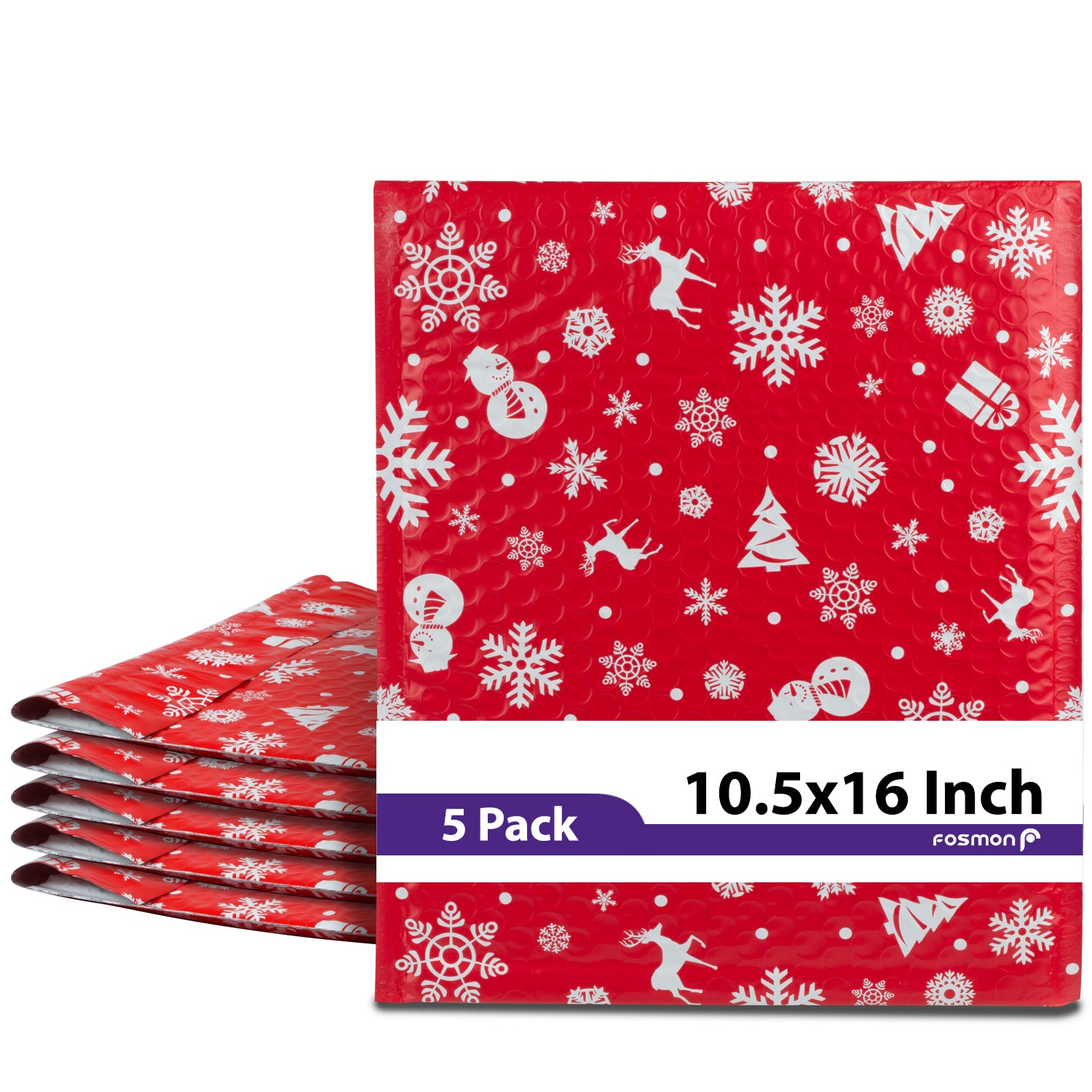Fosmon #5 Christmas Poly Bubble Mailer 10.5 x 16 inches, Lightweight Water/Dust/Shock/Tear Resistant Padded Shipping Envelopes - Xmas Red White Snow