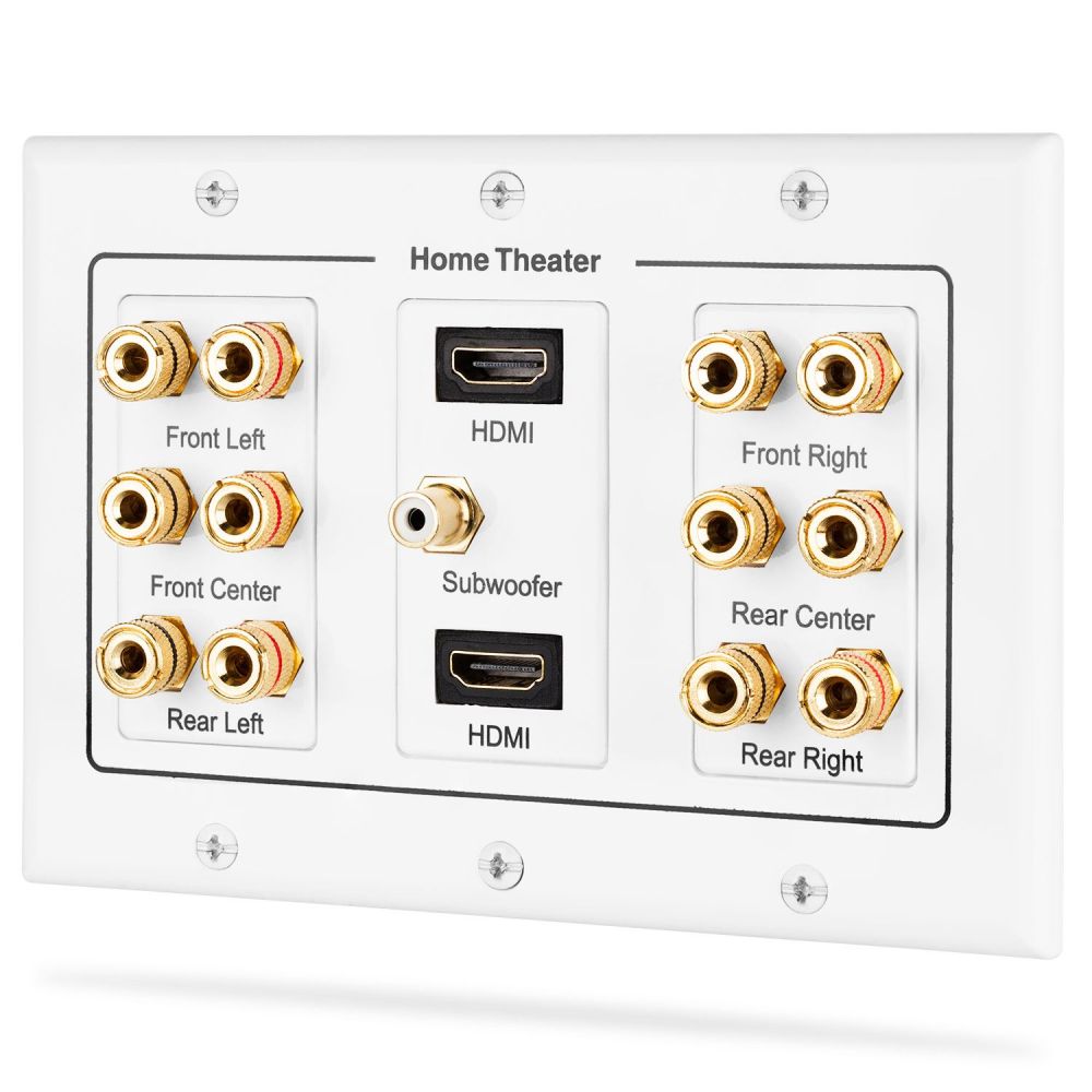 6.1 Surround Home Theater 3 Gang Wall Plate with 6-Pairs of Gold Plated Copper Banana Binding Posts + 1 Subwoofer RCA Jack + 2 Speed HDMI Ports - 6 Speakers – White