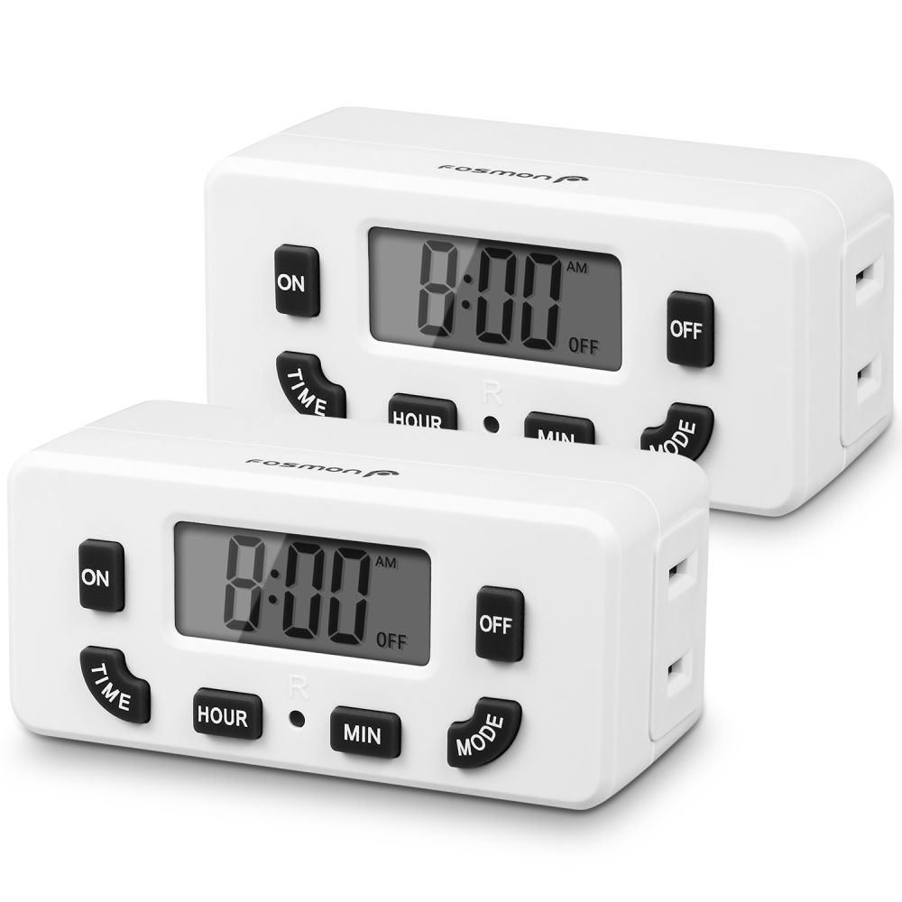 Fosmon 24 Hour Programmable Digital Timer Outlet (2 Pack), On/Off Program, LCD Display, Mini Indoor Single Plug-In Outlet Timer, 125V 15A for