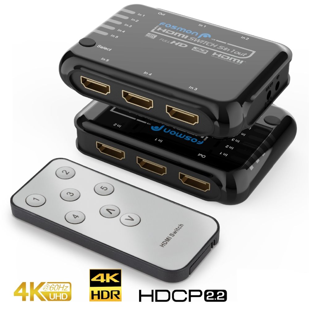 5 Port HDMI HDMI 2.0 Auto Switch, 5x1 Switcher Splitter Box with Remote Control, Support 4Kx2K 3D HDR, 18Gbps, HDCP 2.2 for Apple TV, Stick, HDTV, PS4, Xbox,